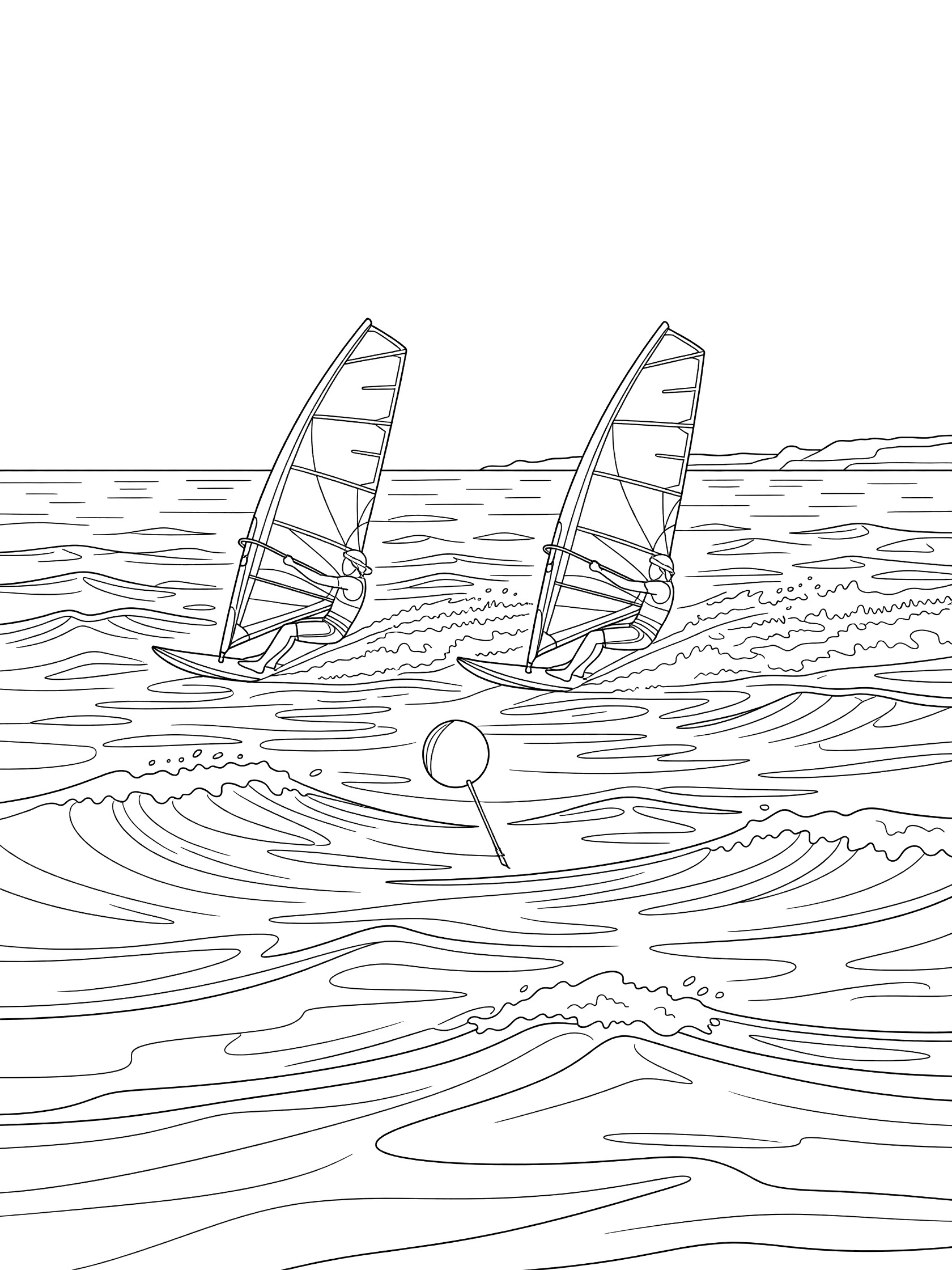 Black and white line art coloring page showing two windsurfers racing competitively across choppy sea waves with angled sails and a buoy marker ahead.