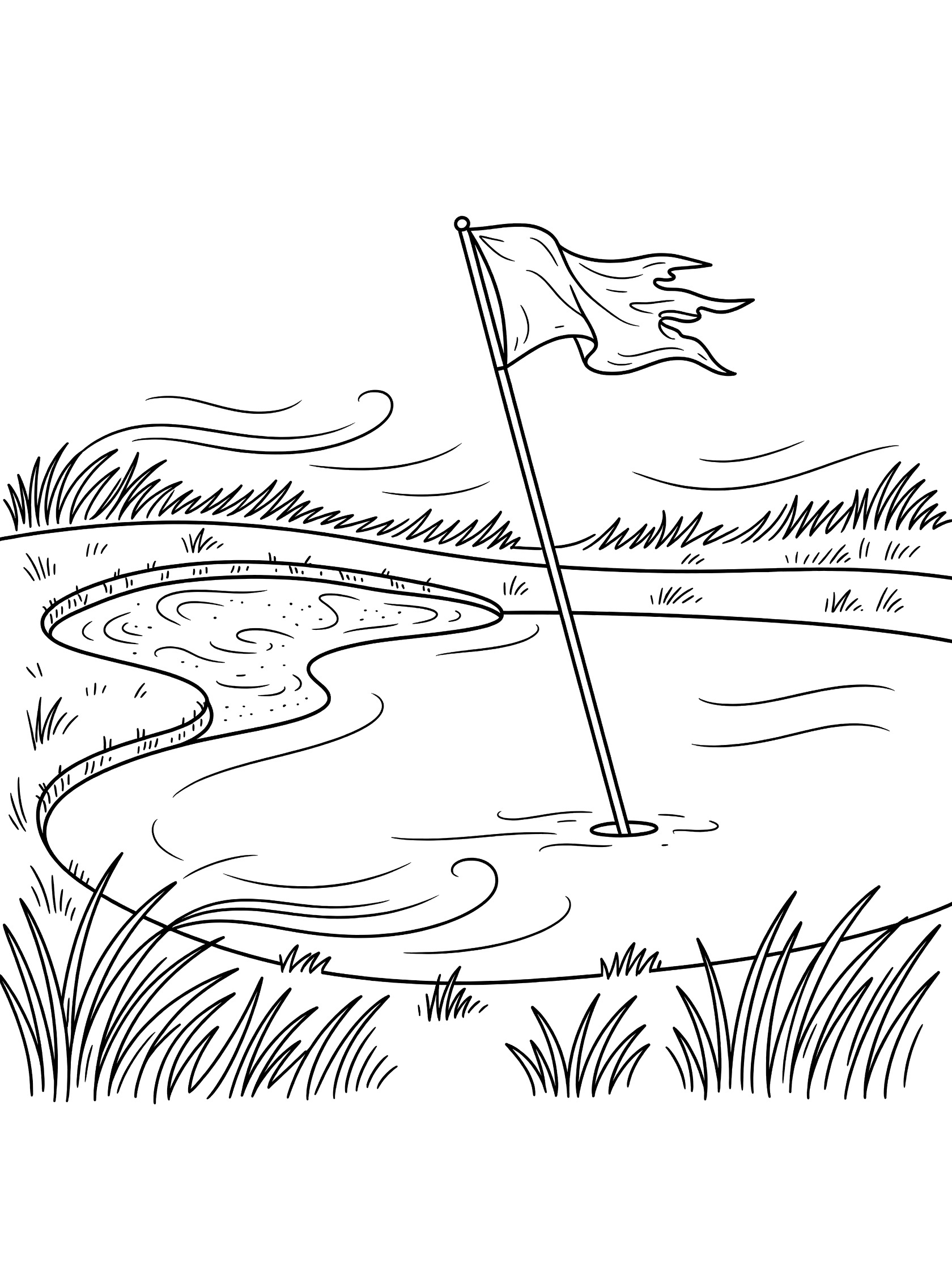 Black and white line art of a golf flagstick with triangular flag waving wildly in the wind on the green near a sand bunker and grass blades