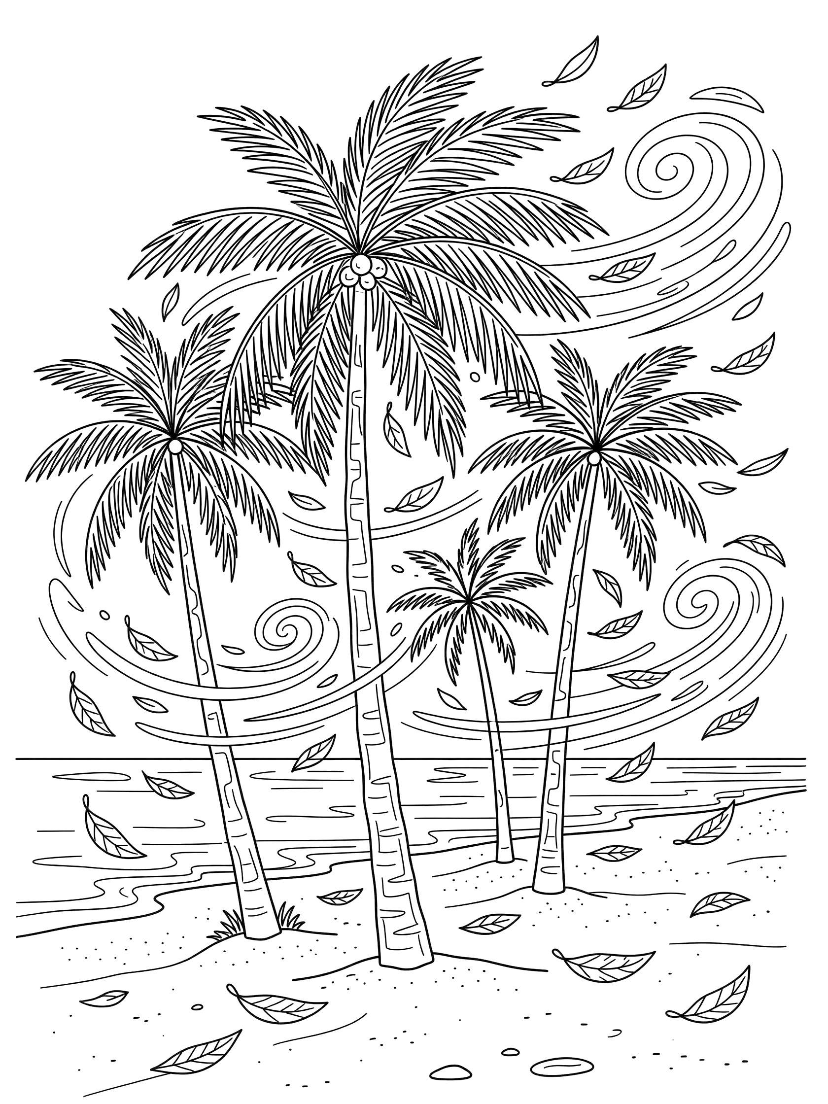Black and white line art coloring page of several tall palm trees with fronds bending in strong wind on a sandy beach, swirling leaves flying around trunks, gentle ocean waves in background. Hurricane themed black and white printable line art