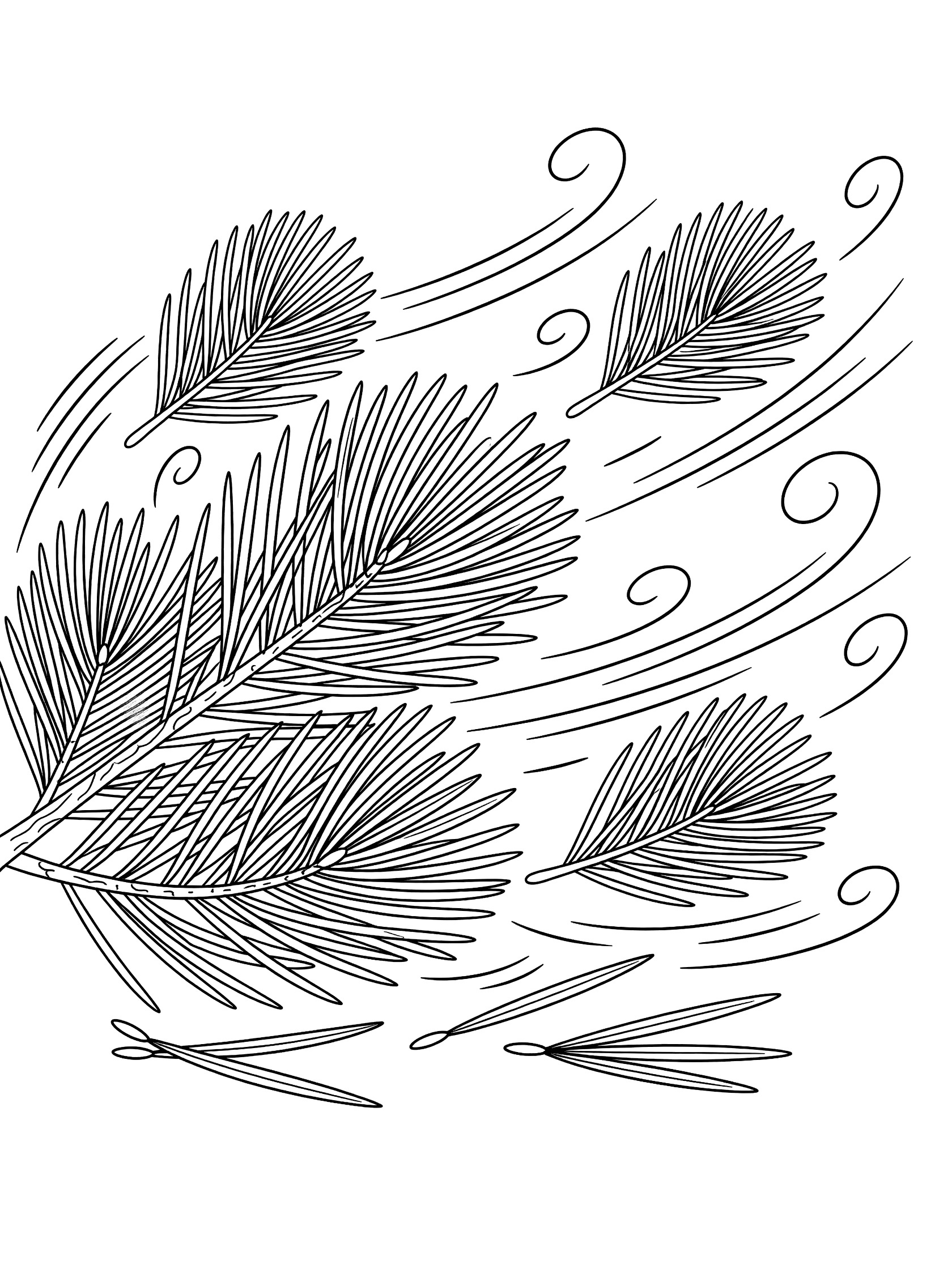 Black and white coloring page showing pine needles flying in the wind with swirly motion trails and a few grounded needles.
