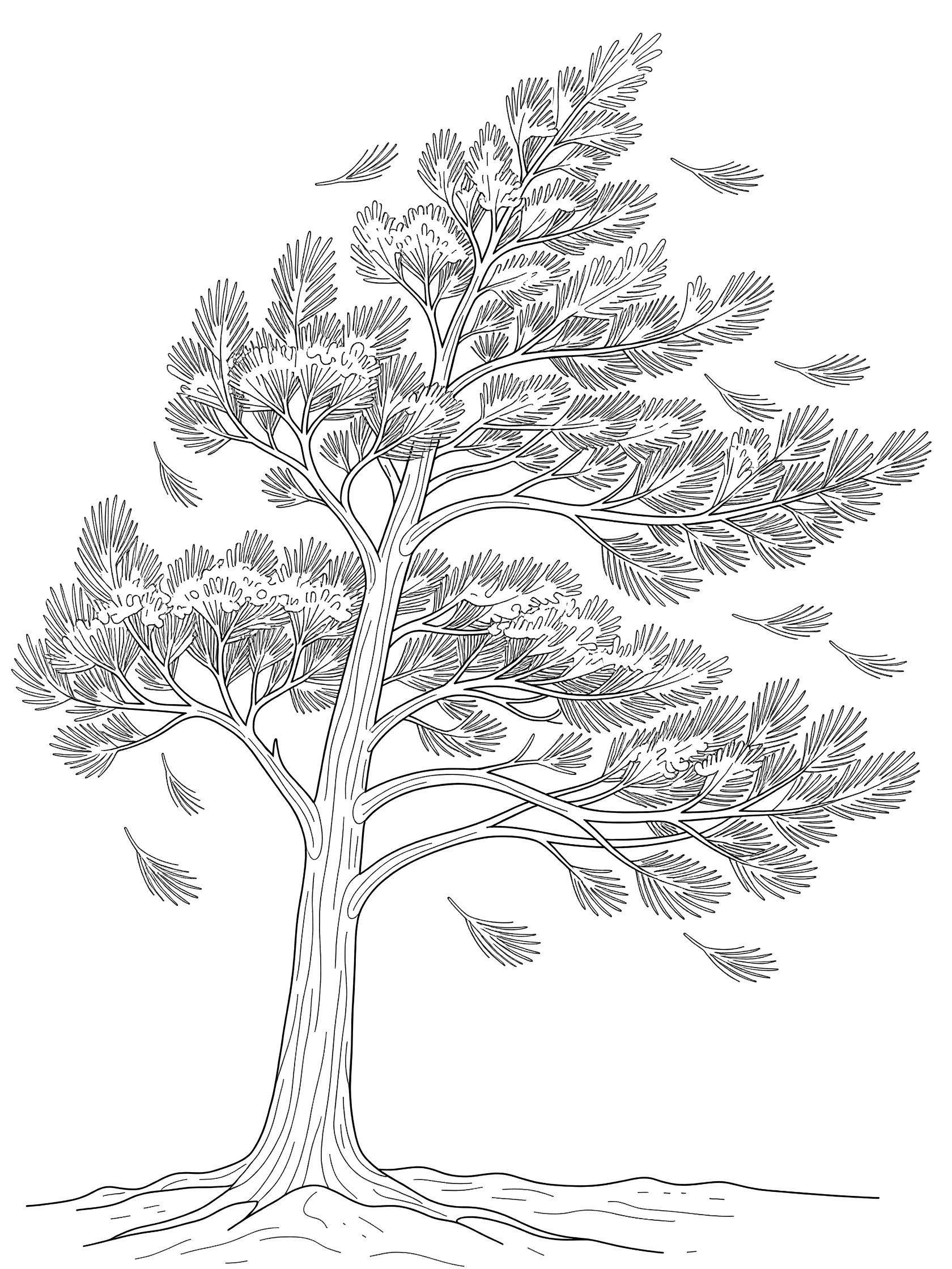 Black and white line art of a pine tree bending in the wind, with branches leaning, needles streaming outward, loose needles flying, and trunk rooted in soil. Cedar Tree themed black and white printable line art