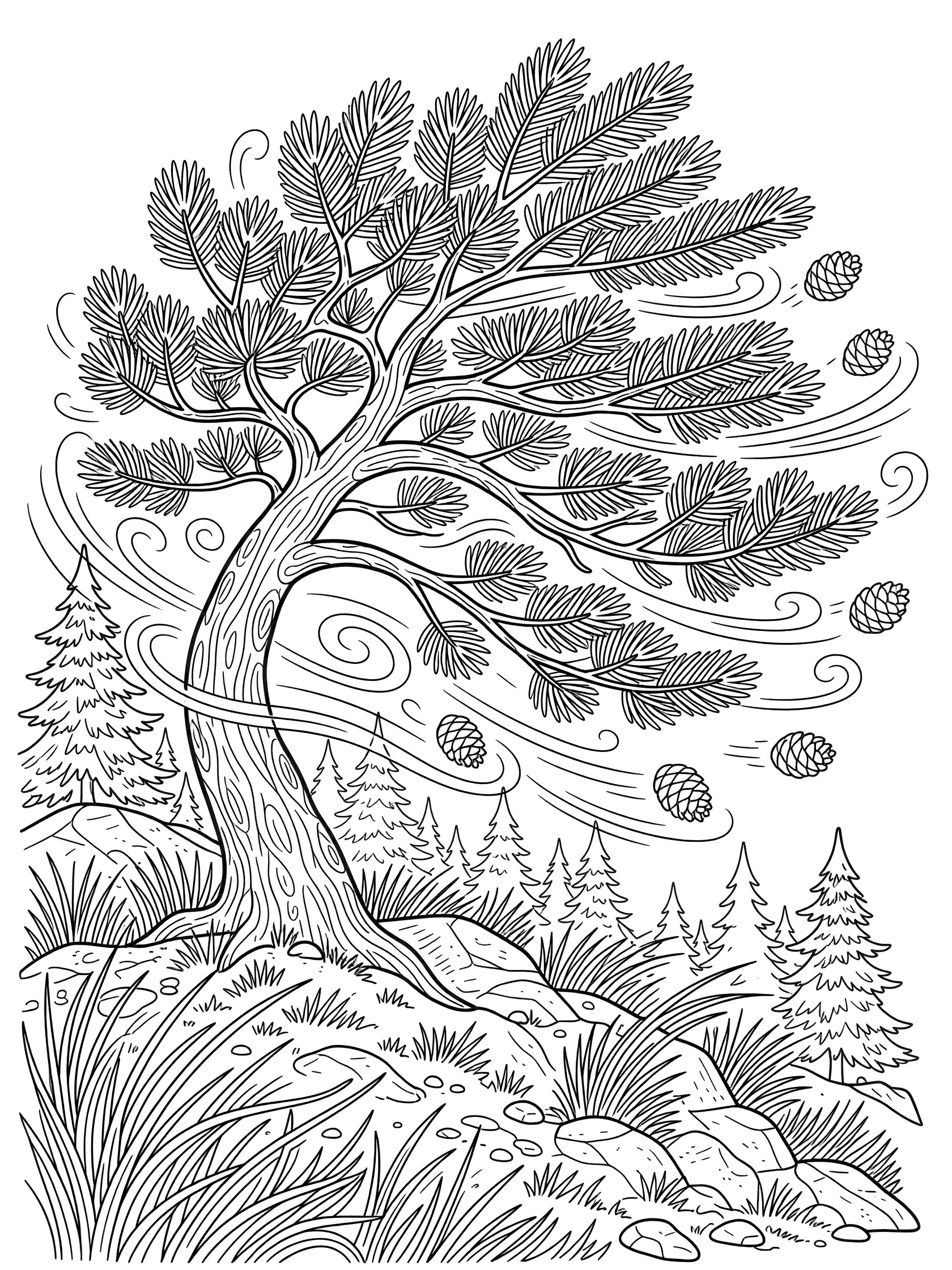 Black and white line art coloring page of a pine tree bending dramatically right in gusty wind, with swirling wind lines, pine cones in air, wavy grass, rocks, and background pines.