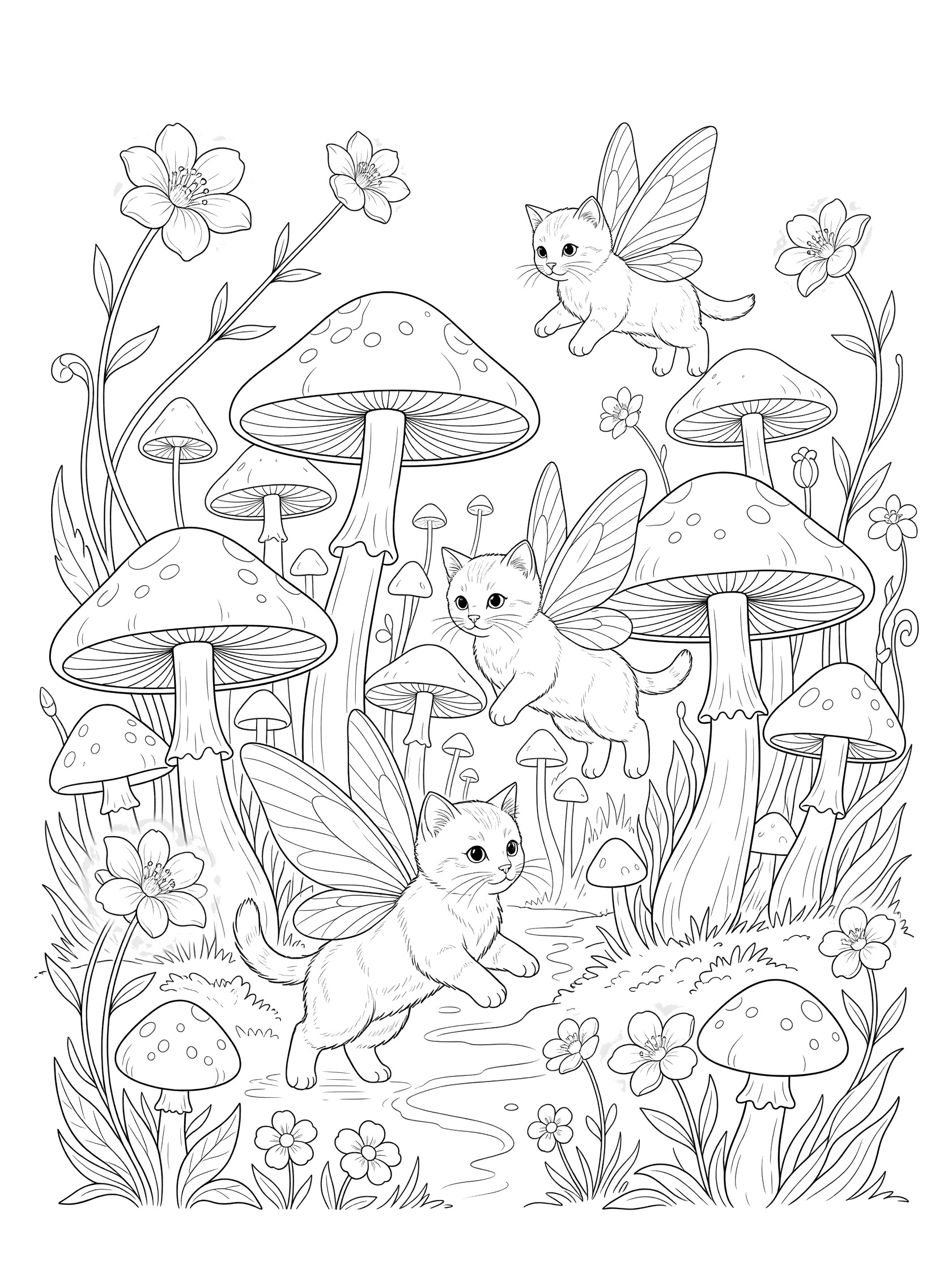 Black and white line art coloring page showing three winged kittens with fairy wings near mushrooms and flowers in a garden