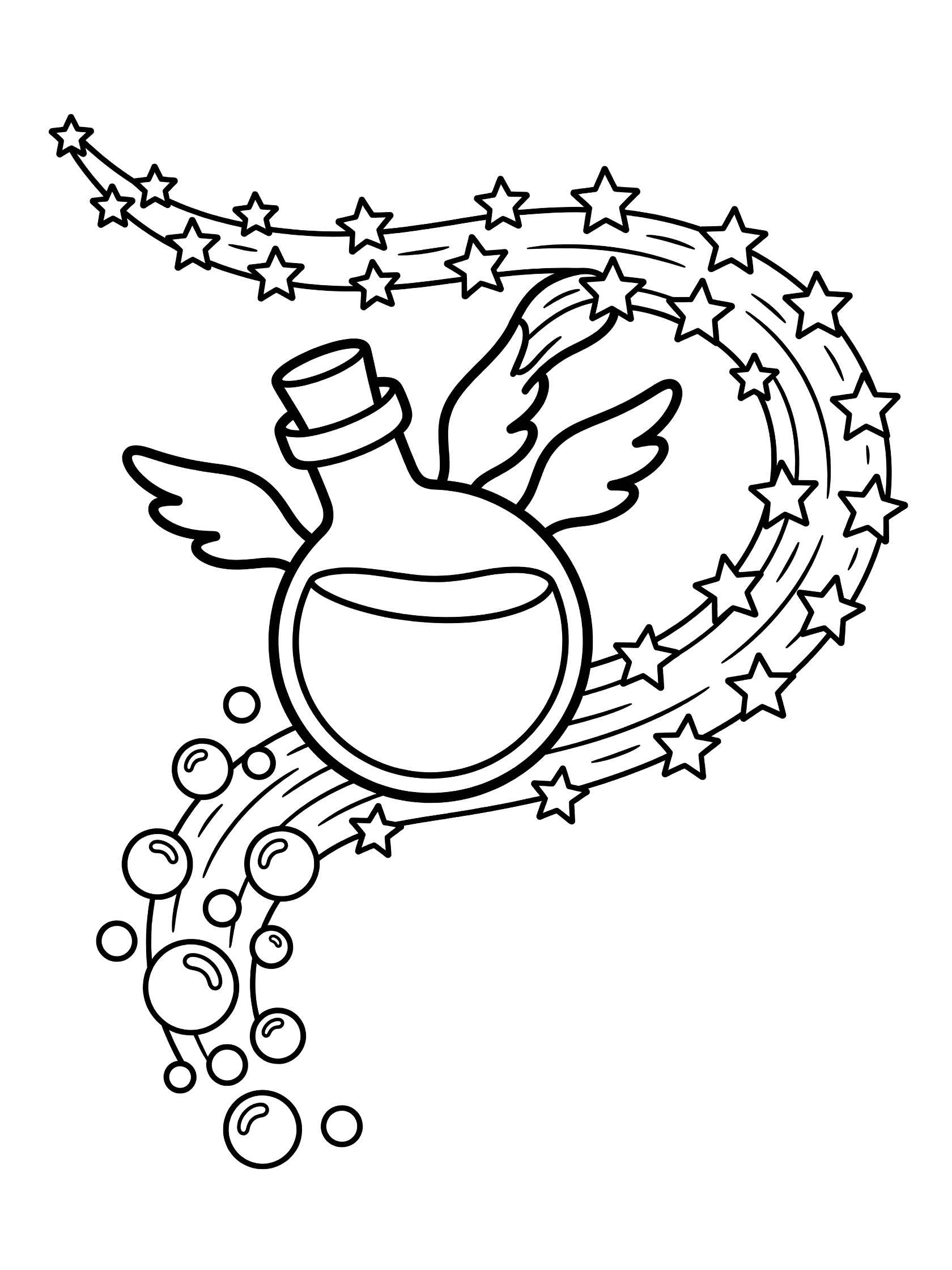 Black and white coloring page of a winged potion bottle flying with wings, leaving a trail of stars and bubbles from the base.