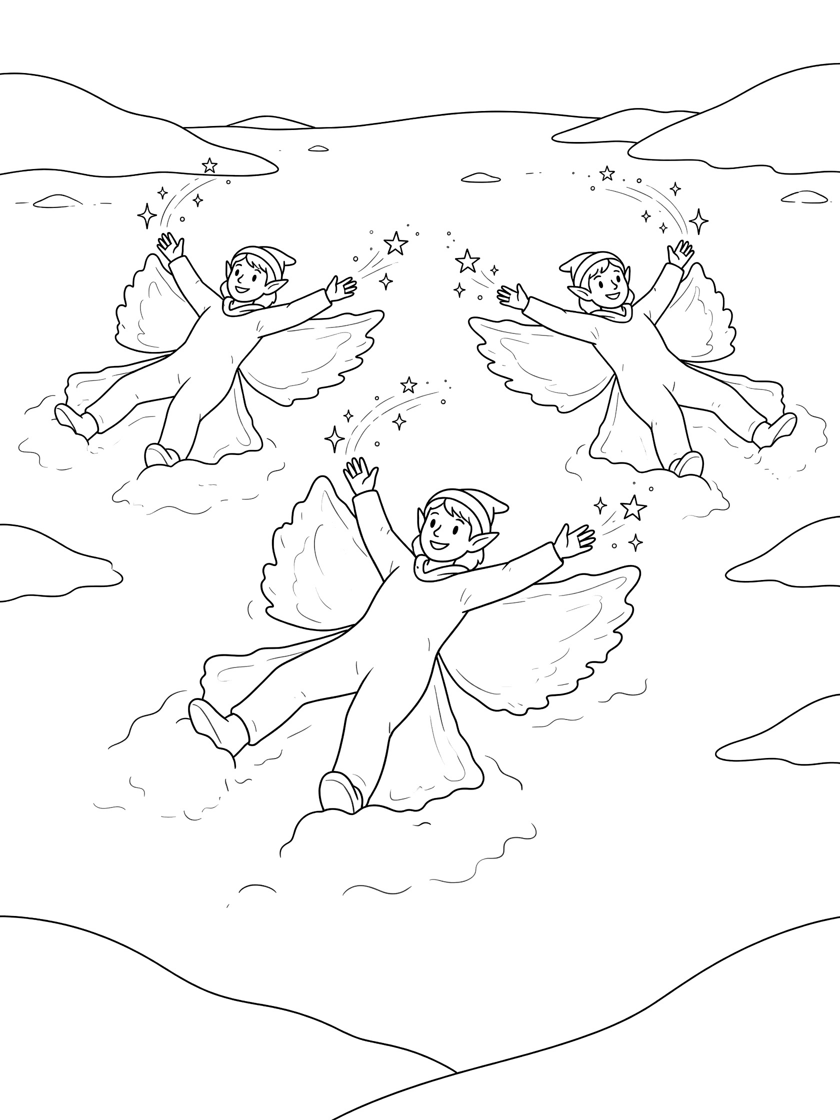 Black and white line art of three winged elves lying on backs in deep snow waving arms and legs to make big snow angels with star-shaped sparkles trailing. Snow Elves themed black and white printable line art