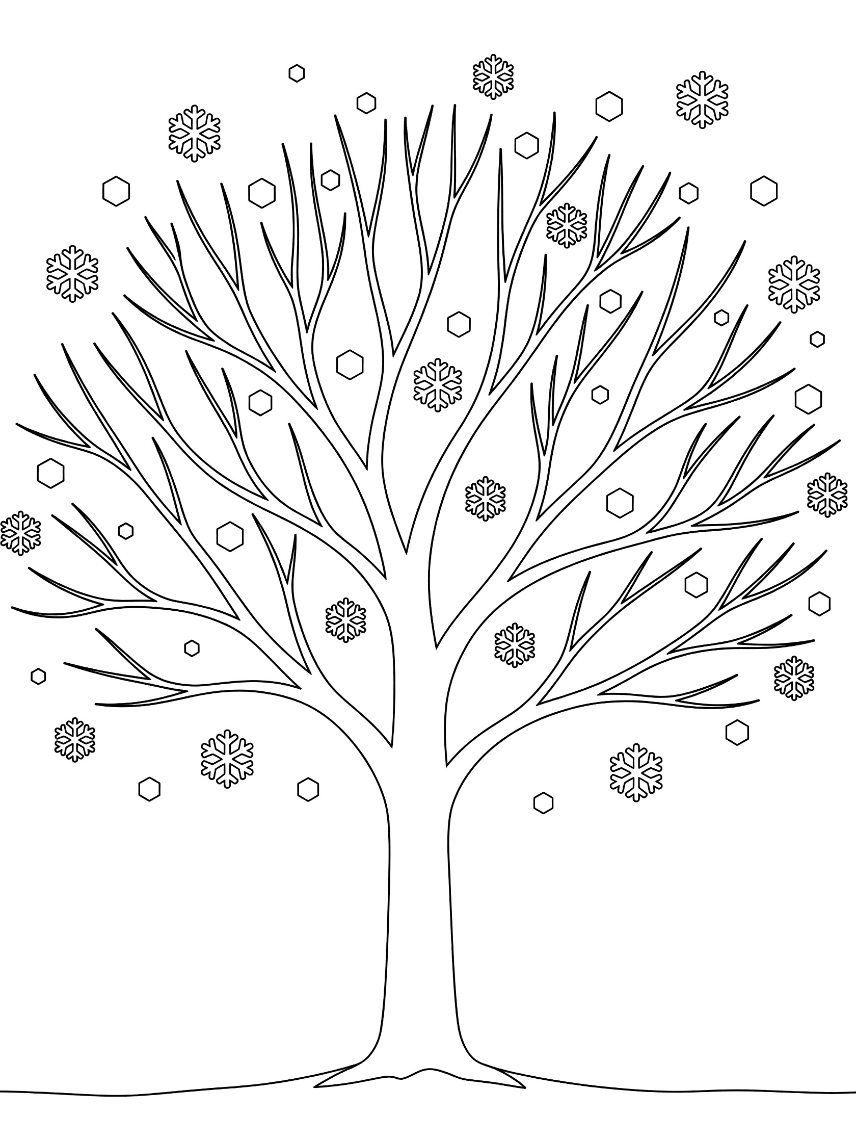 Black and white coloring page of a bare tree with intricate branches and geometric snowflakes drifting around it. Maple Tree themed black and white printable line art