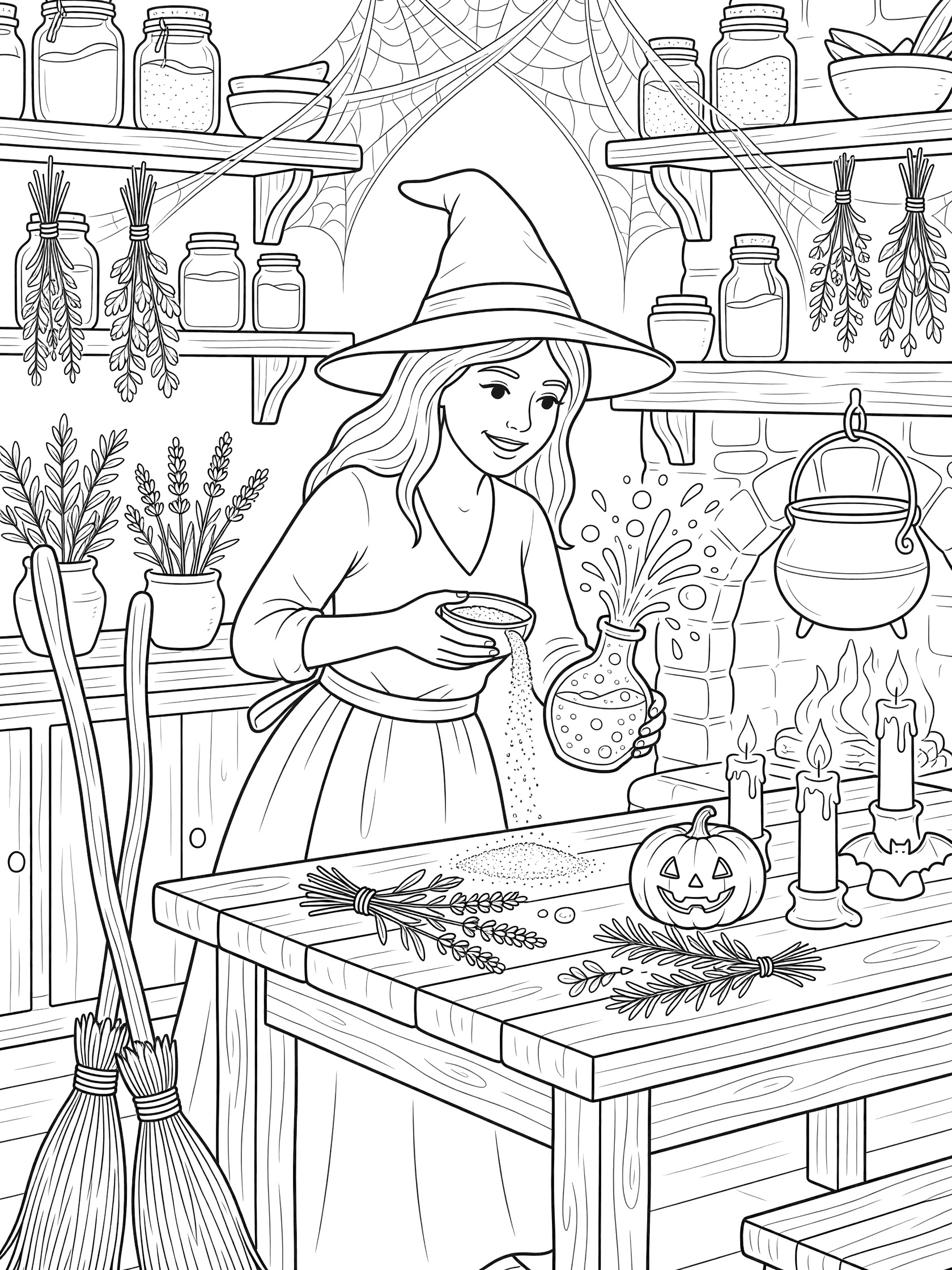 Black and white line art of a witch in a hat brewing fizzing potion over a wooden table in a cottage kitchen with shelves of jars, herbs, broomsticks, candles, pumpkin, and cobwebs.