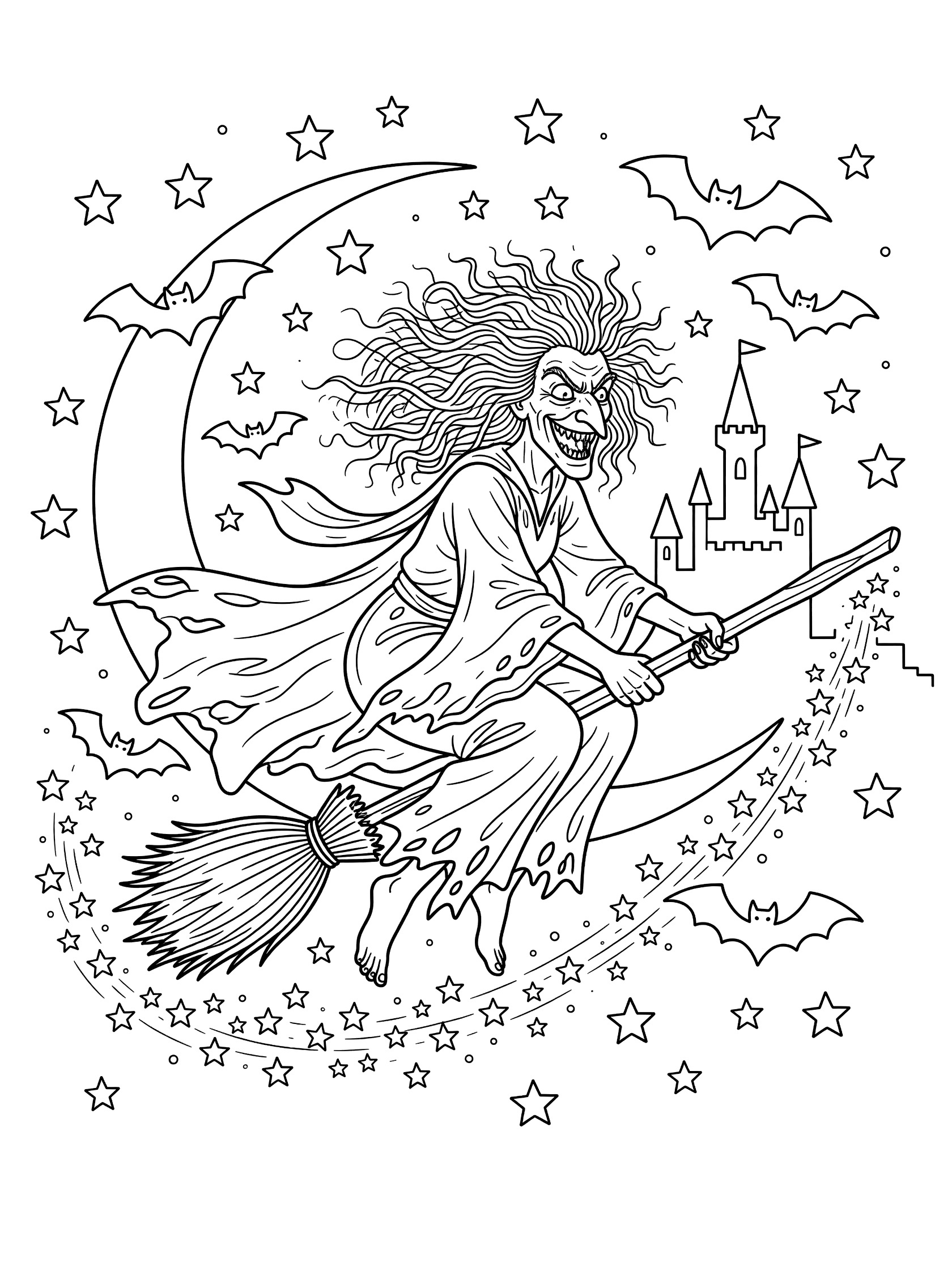 Black and white line art coloring page showing a witch with wild hair flying on a broomstick in a night sky with stars, crescent moon, bats, and distant castle. Evil Witches themed black and white printable line art