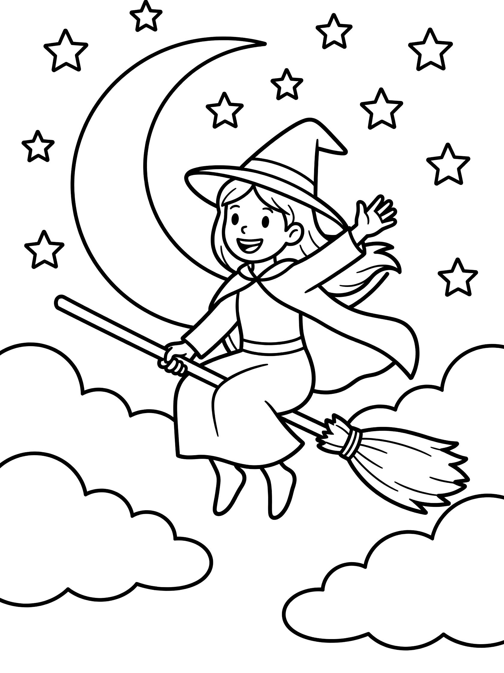 Black and white coloring page of a happy young witch flying on a broomstick through a starry night sky with crescent moon and fluffy clouds. Young Witches themed black and white printable line art