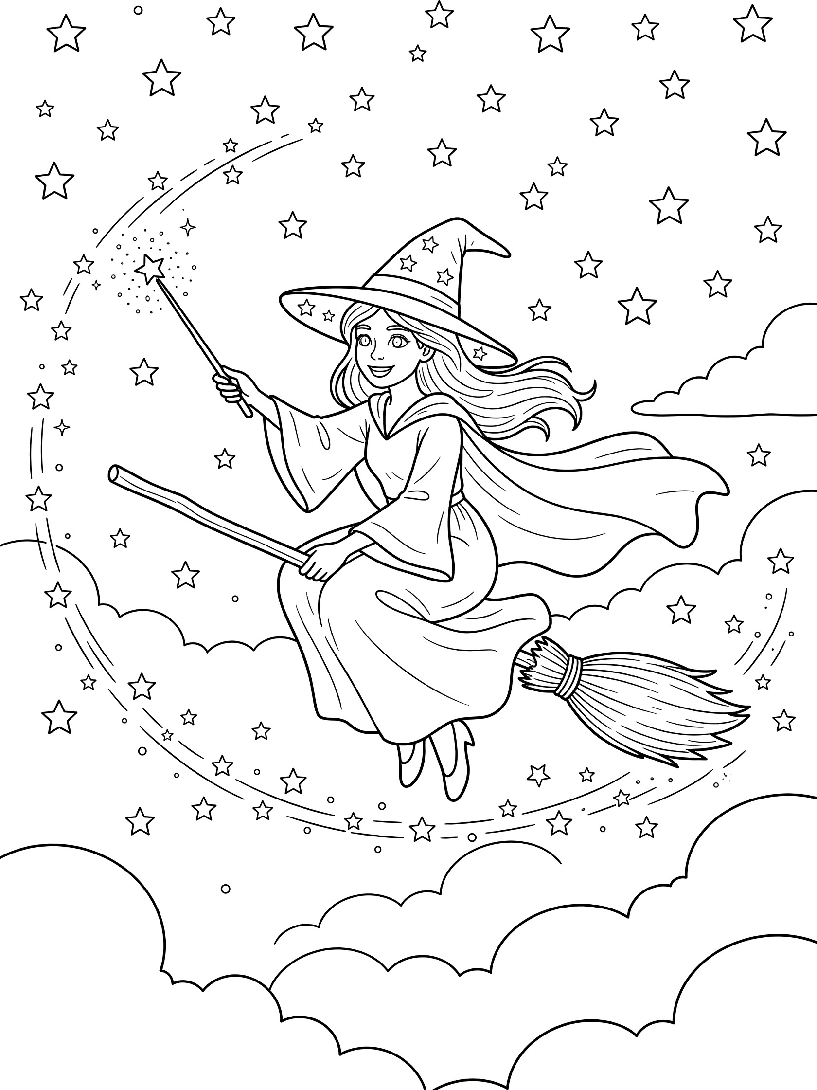 Black and white line art coloring page showing a smiling witch in pointed hat and flowing dress riding a broomstick, waving a wand with star trails, flying through starry sky with moon and fluffy clouds. Beautiful Witches themed black and white printable line art