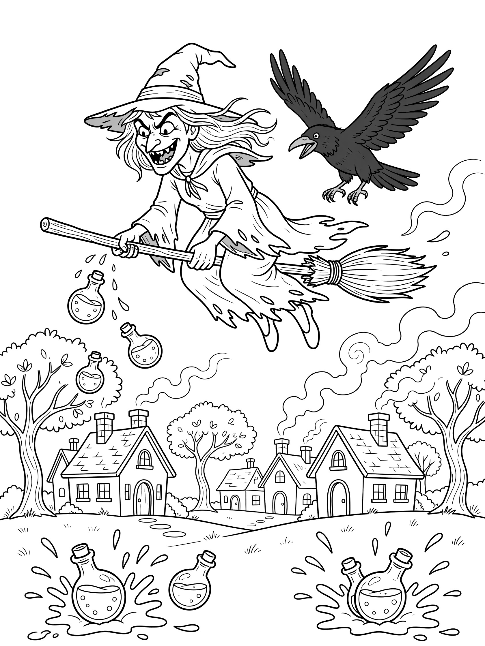Black and white line art of a cartoon witch flying on a broomstick over village houses, dropping potion bottles that splash, with a raven flying next to her and trees around. Evil Witches themed black and white printable line art