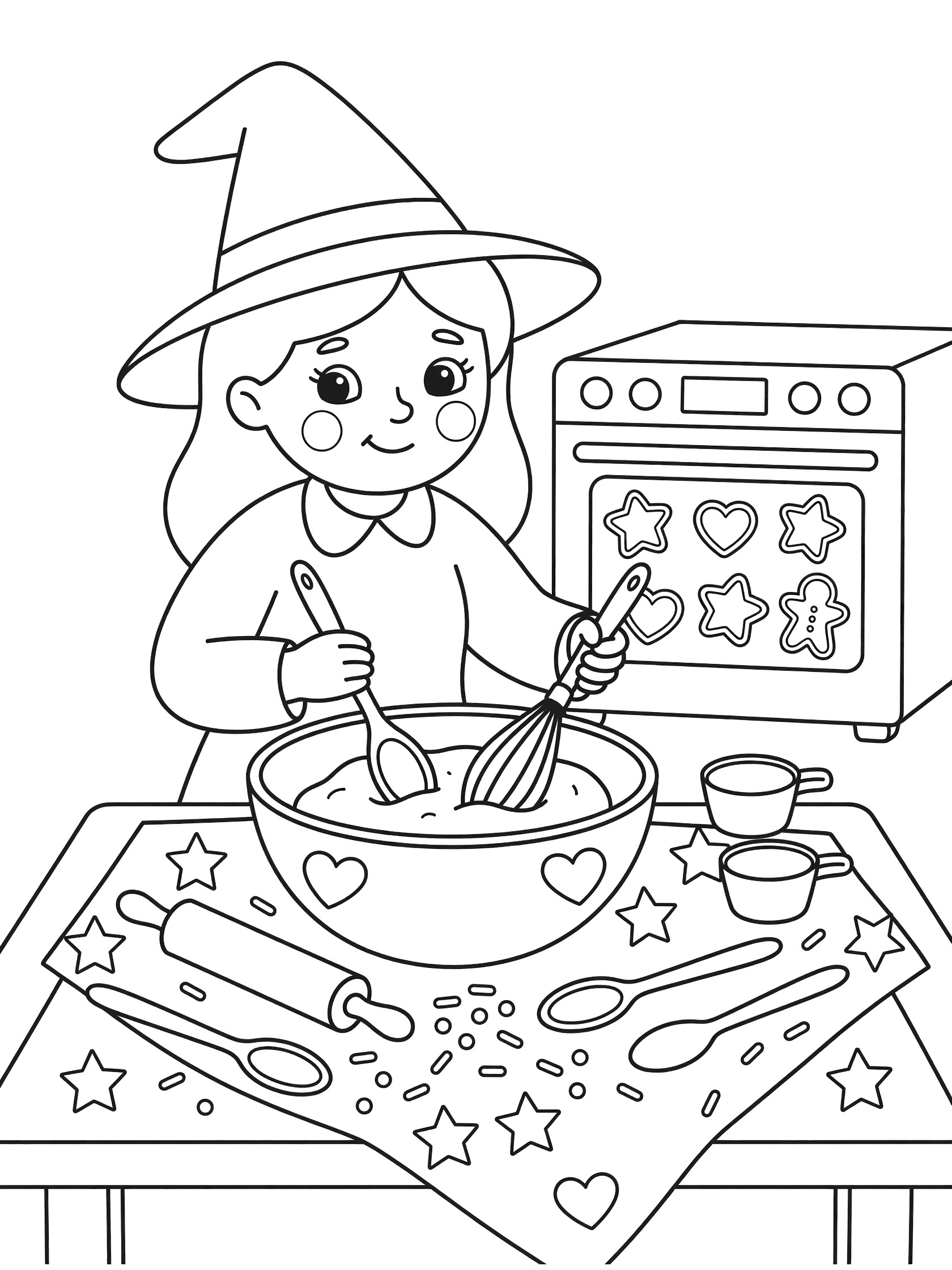 Black and white line art coloring page showing a smiling witch girl with pointy hat mixing dough in a bowl on a table covered in stars and hearts, with cookie cutters in heart and star shapes inside an open oven door behind her, rolling pin, spoons, cups, and sprinkles scattered around. Gingerbread Man themed black and white printable line art