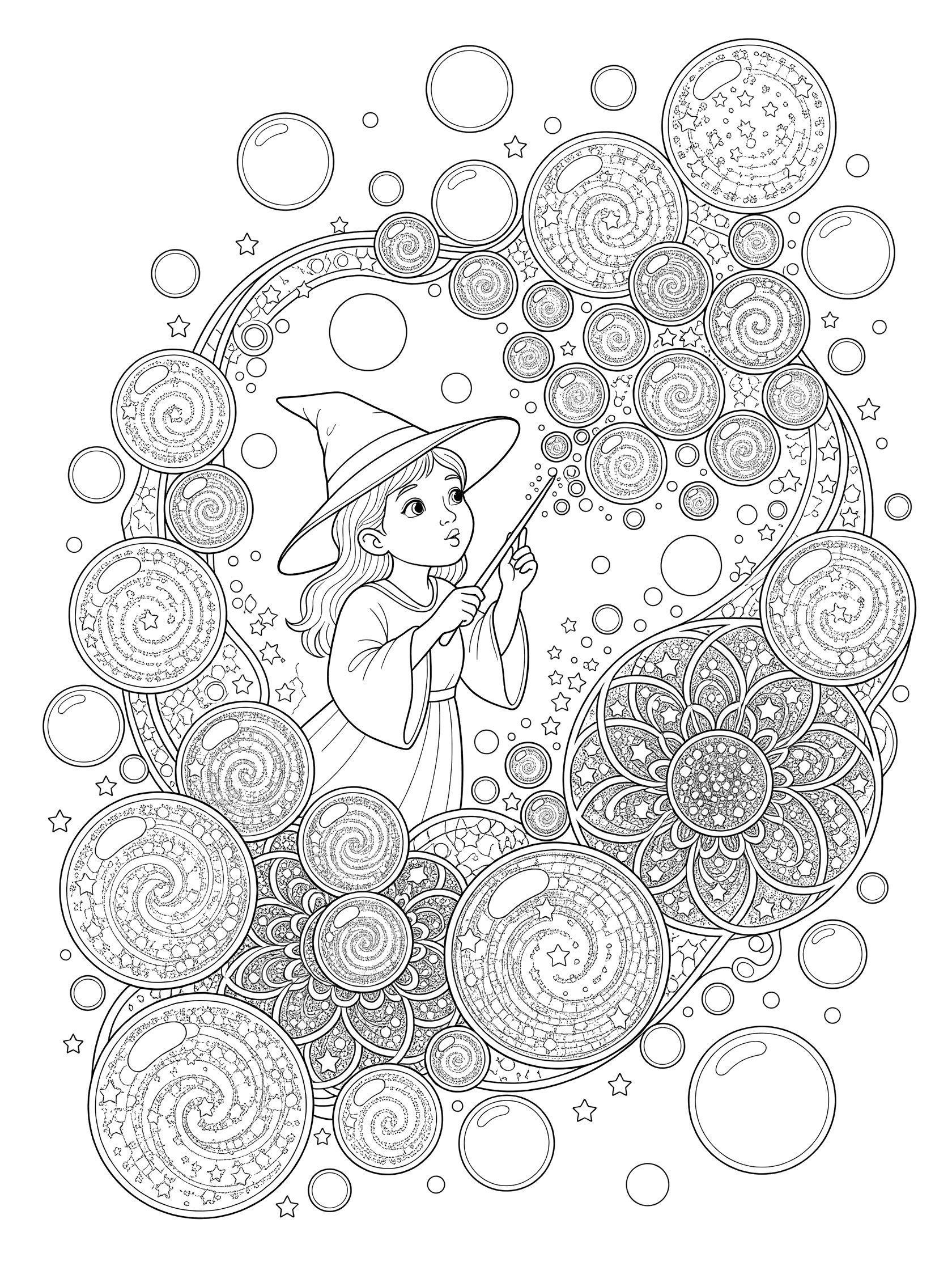 Black and white line art coloring page showing a young witch girl in a hat and dress blowing bubbles with swirling patterns, tiny stars inside, and floating orbs around her. Young Witches themed black and white printable line art