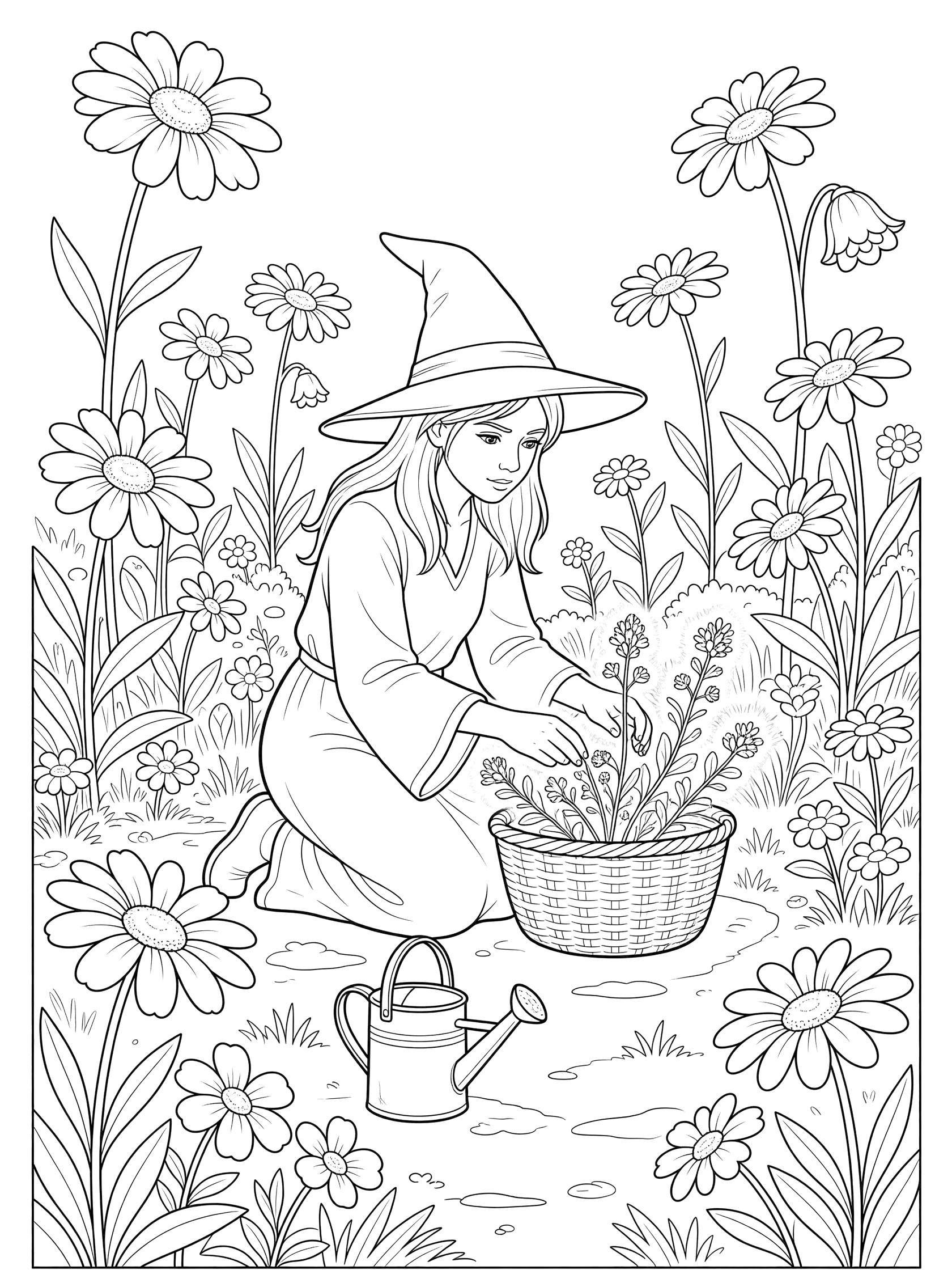 Black and white line art coloring page showing a young witch girl in a pointy hat kneeling to pick flowers and herbs into a woven basket surrounded by daisies and tall flowers with a watering can nearby. Young Witches themed black and white printable line art