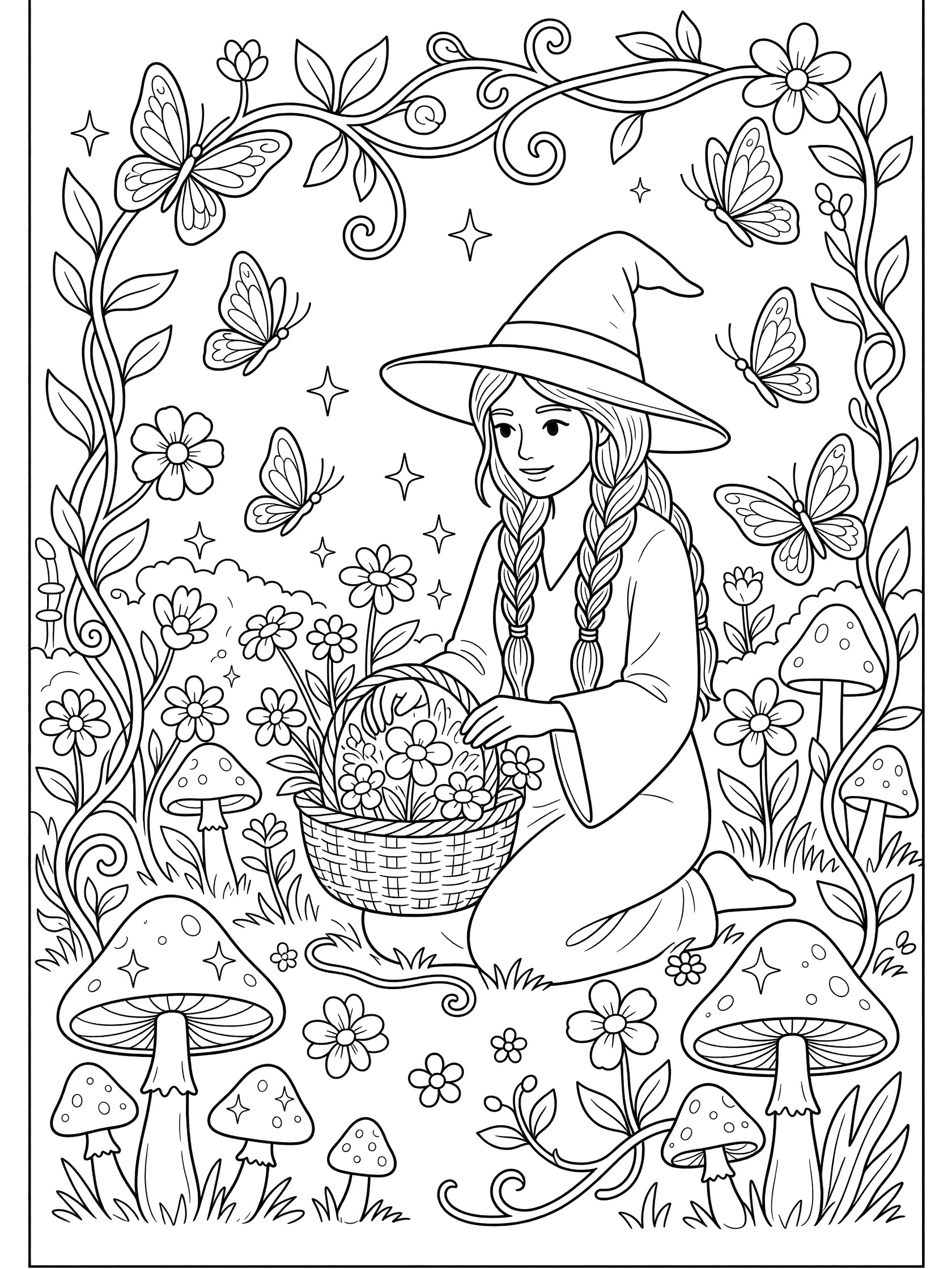 Black and white line art coloring page showing a witch girl with braided hair and pointy hat kneeling to pick flowers into a basket, with butterflies, mushrooms, vines, and flowers around her. Beautiful Witches themed black and white printable line art