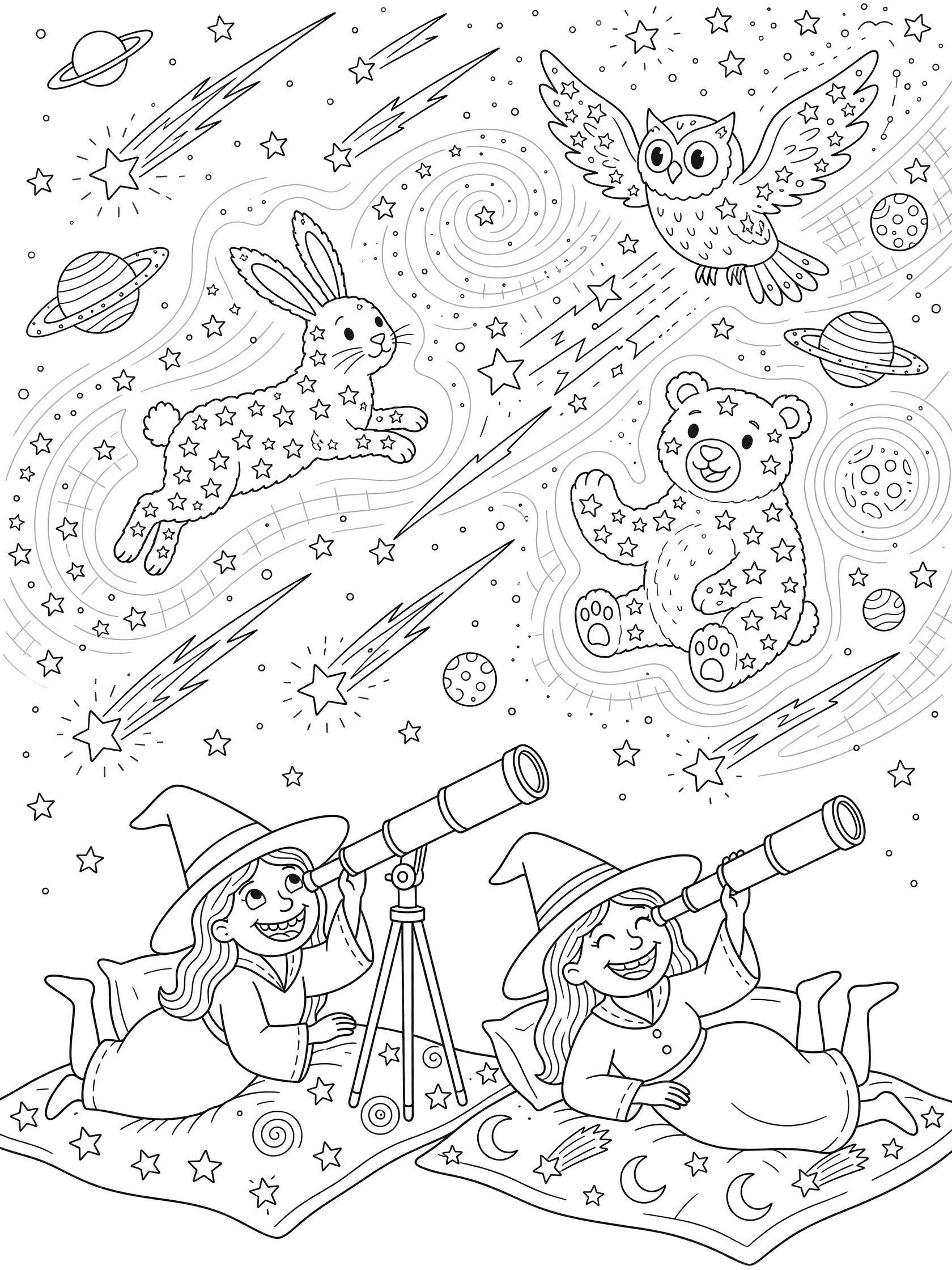 Black and white coloring page showing two smiling witch girls in hats lying on blankets using telescopes to view constellations of owls, rabbits and bears, with flying owls, shooting stars, planets and detailed starry sky. Friendly Witches themed black and white printable line art