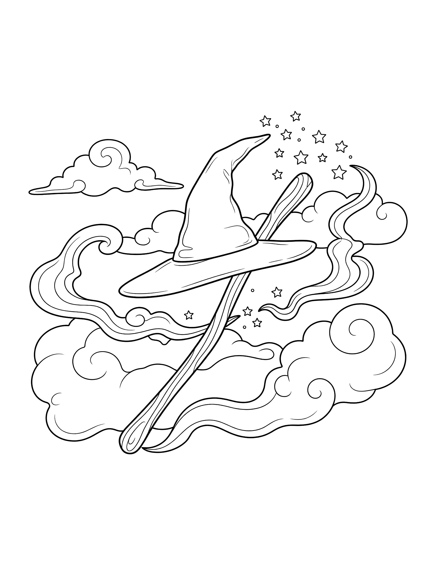 Black and white line art coloring page showing a tall wizard hat sitting on a curved broomstick handle, holding a magic wand with stars and wispy magic clouds around it.