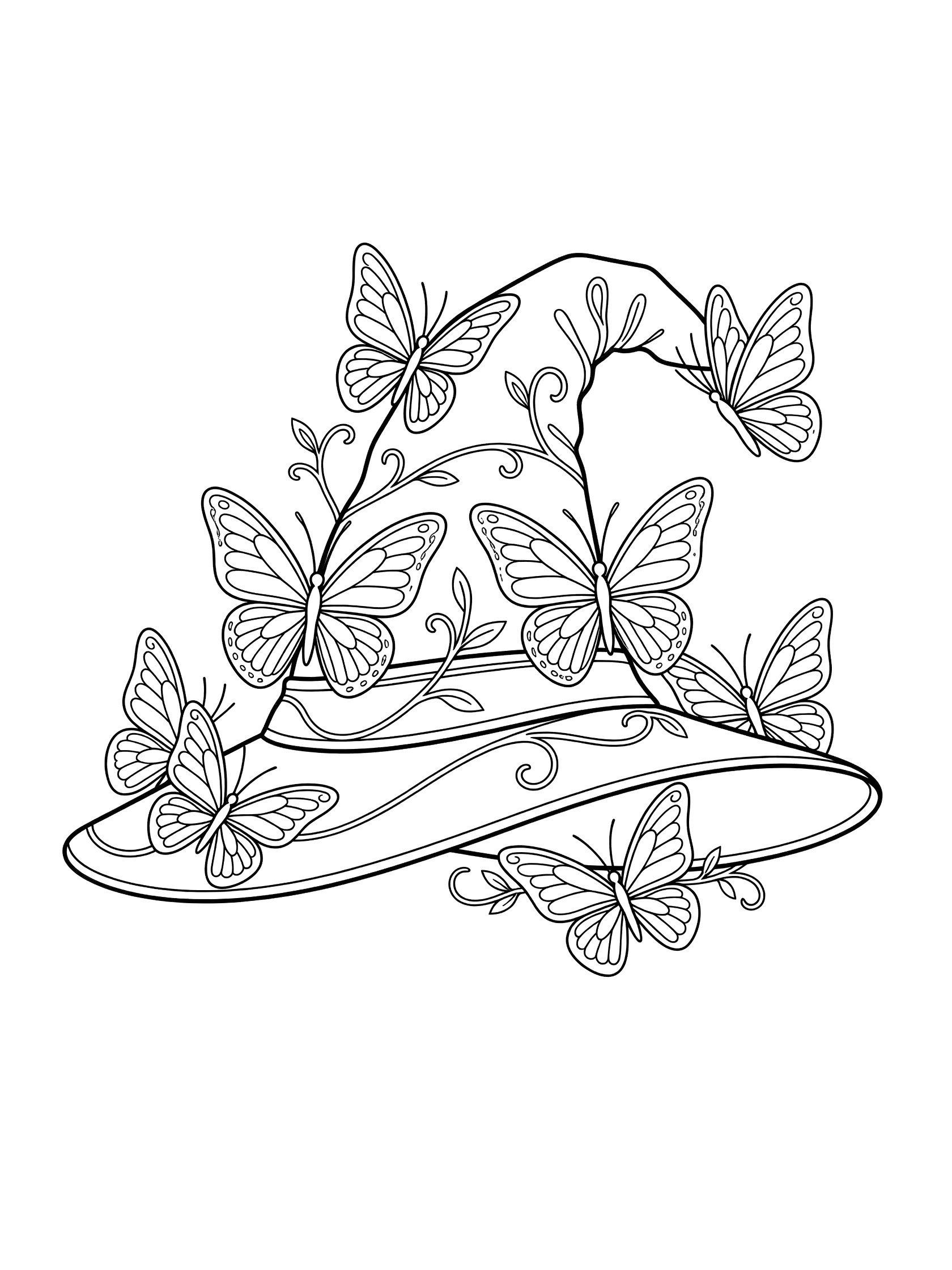 Black and white line art of a tall witch hat with wide brim, decorated with many butterflies and curly vines on the folds and edges. Wizard Hat themed black and white printable line art