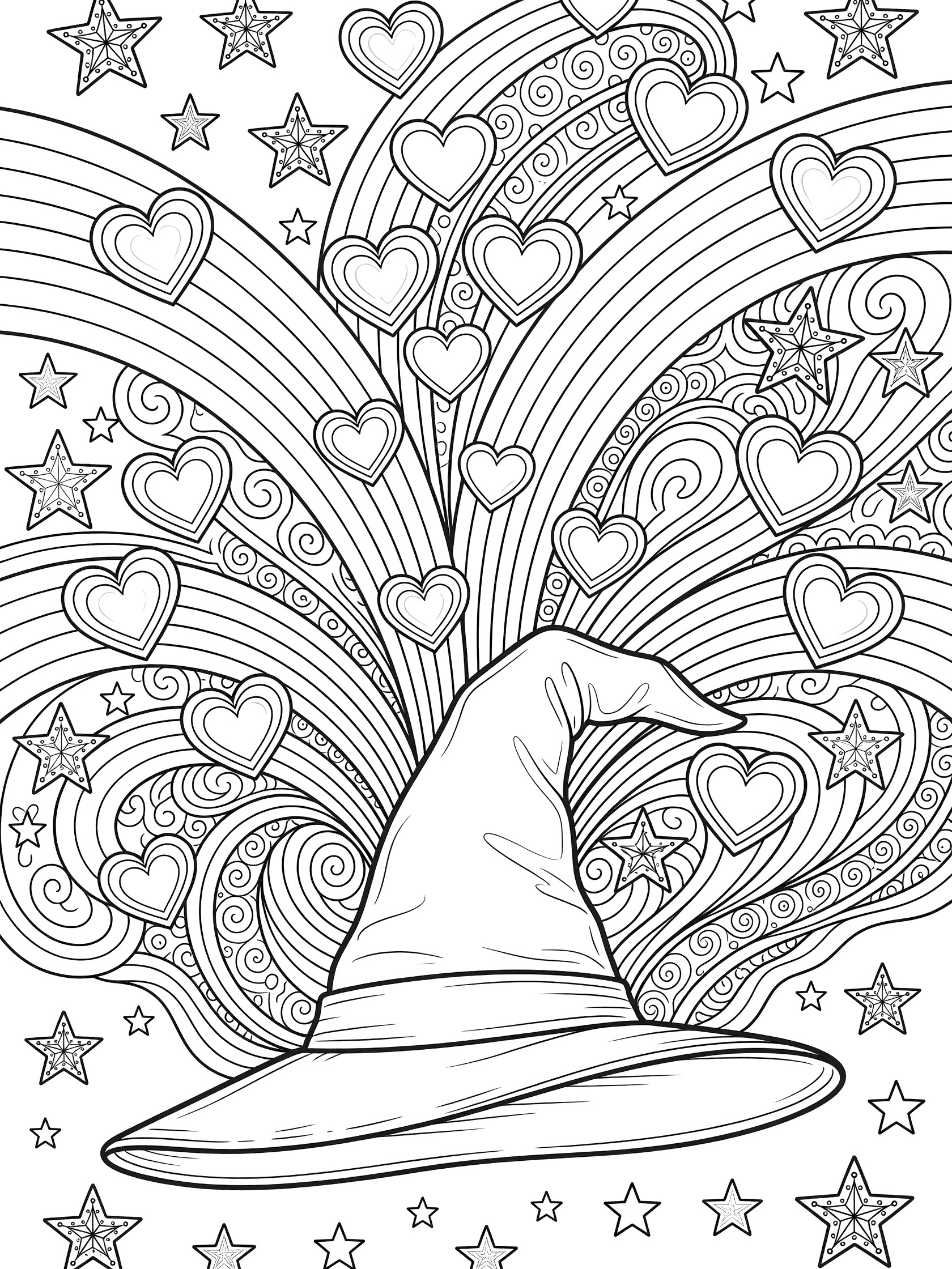 Black and white line art coloring page showing a tall witch hat with heart shapes, stars, arched rainbows and swirly patterns bursting from the top