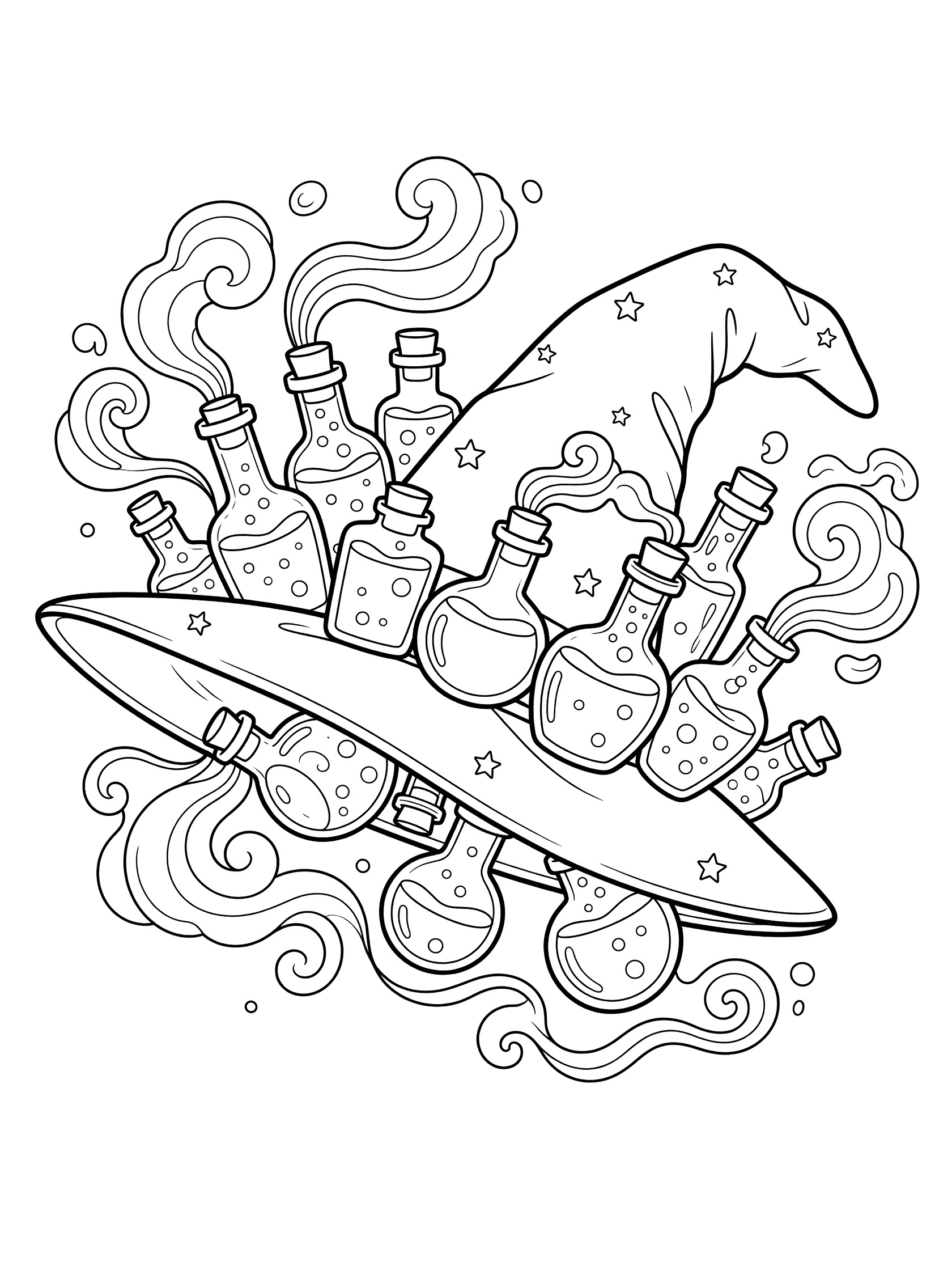 Black and white line art coloring page showing a sideways witch hat with multiple potion bottles bubbling over the brim, vapors swirling out, and stars on the hat. Wizard Hat themed black and white printable line art