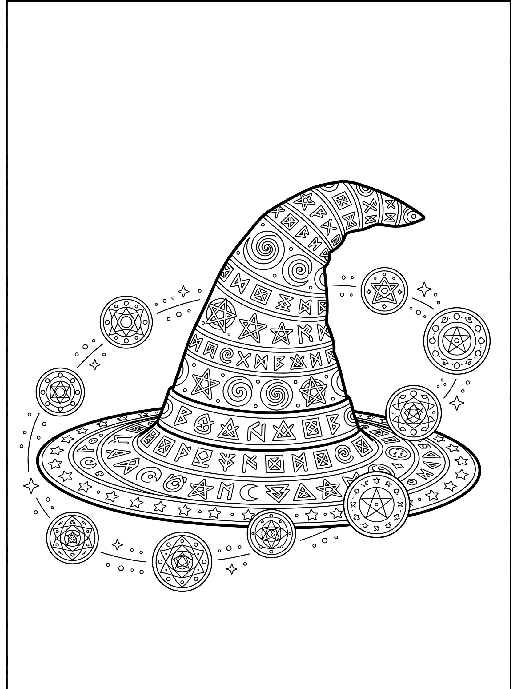 Black and white line art of a tall witch hat covered in geometric runes and symbols, starry brim, and circling magic orbs. Wizard Hat themed black and white printable line art