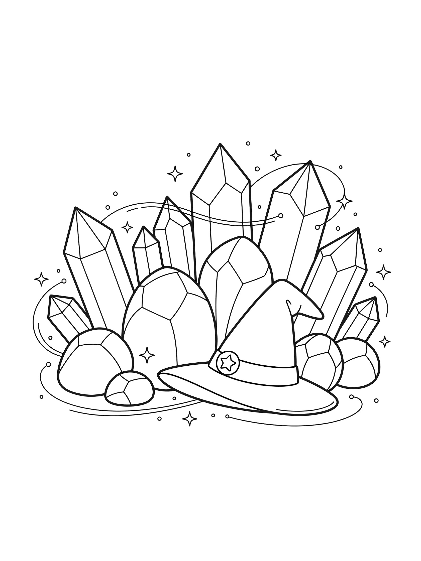Black and white line art coloring page showing a pointed witch hat resting beside clusters of crystals in different shapes with sparkles and magic lines around them. Wizard Hat themed black and white printable line art