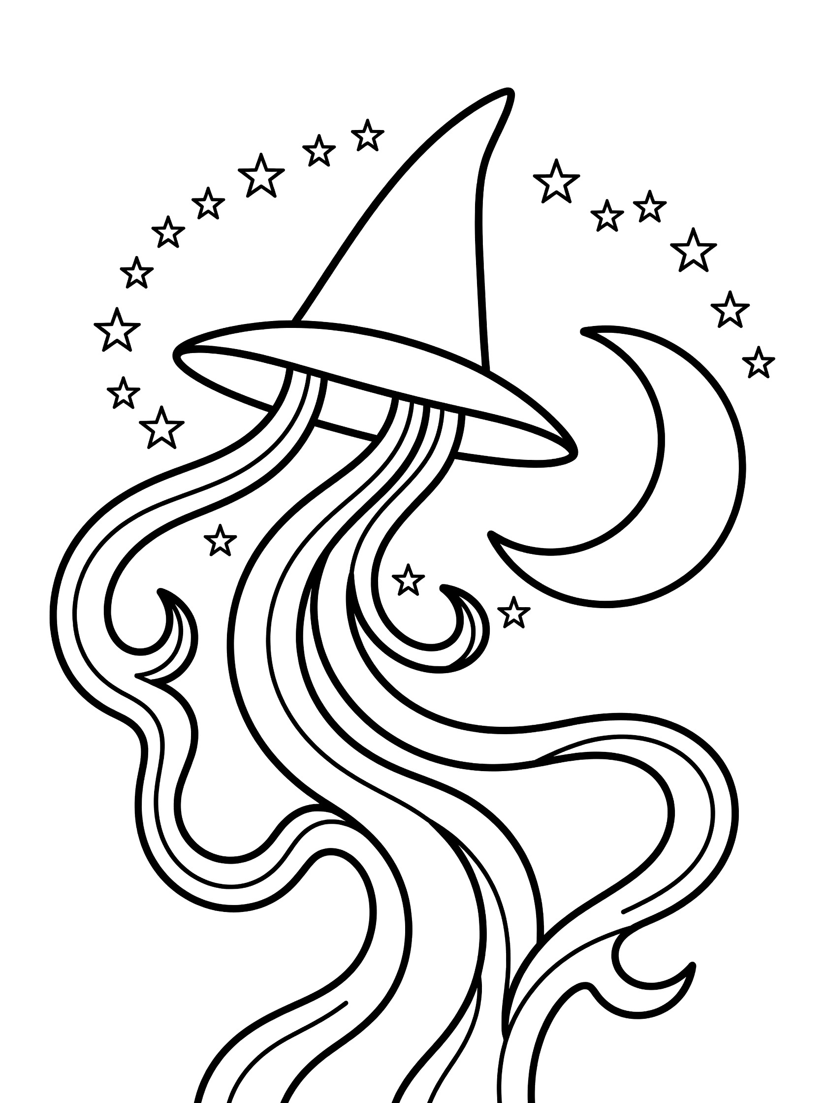 Black and white line art coloring page showing a tall pointed witch hat floating with wavy trails below, surrounded by small stars and a crescent moon beside it. Wizard Hat themed black and white printable line art