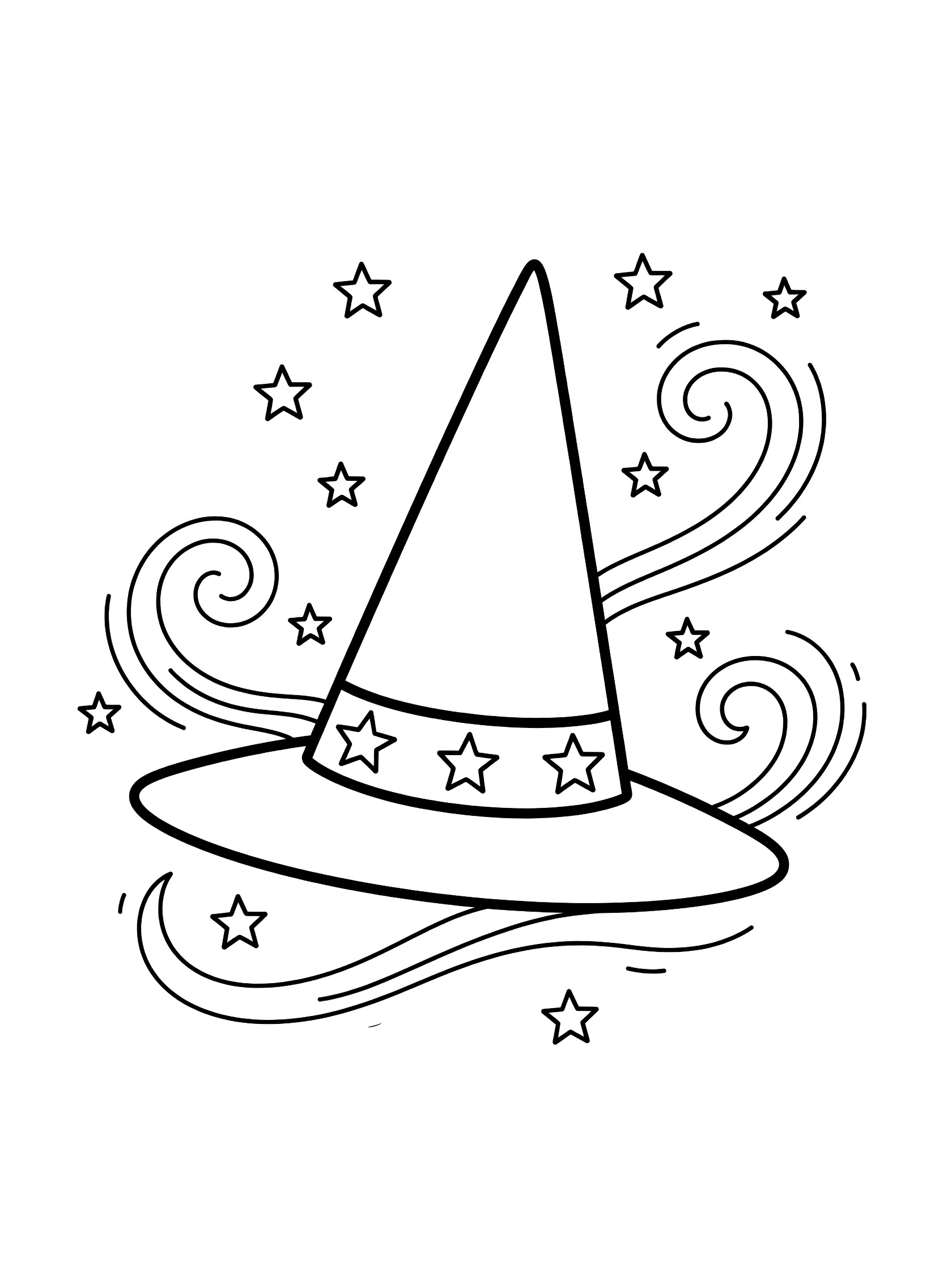 Black and white line art coloring page showing a tall pointed witch hat with stars on the band, floating stars, and swirling magic lines around it. Wizard Hat themed black and white printable line art