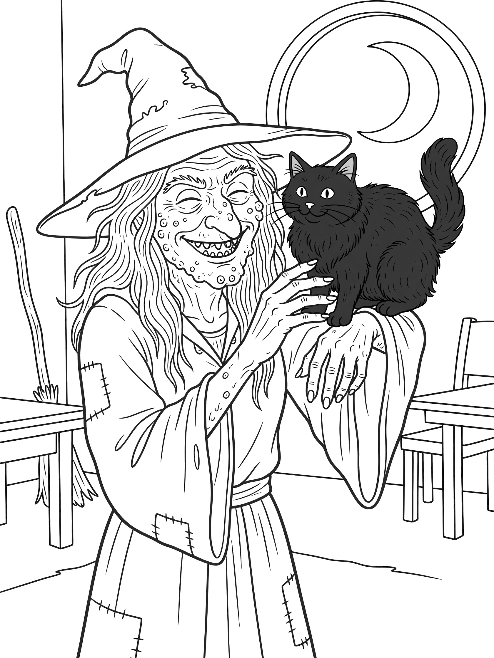 Black and white line art coloring page showing a witch with pointy hat and broom petting a fluffy black cat on her arm, with moon and room details. Ugly Witches themed black and white printable line art