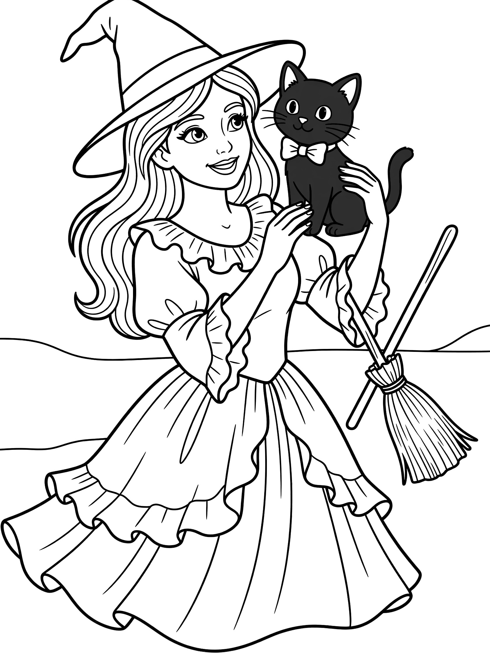 Black and white line art coloring page showing a smiling witch with long hair, pointy hat, frilly dress, holding a playful black cat on her arm with bow tie, and a small broom. Beautiful Witches themed black and white printable line art