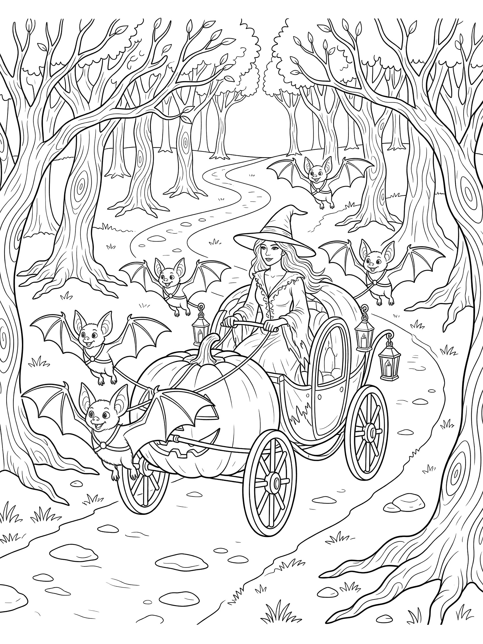 Black and white line art of a witch in a pumpkin carriage pulled by bats through a forest path with twisted trees and hanging lanterns. Beautiful Witches themed black and white printable line art