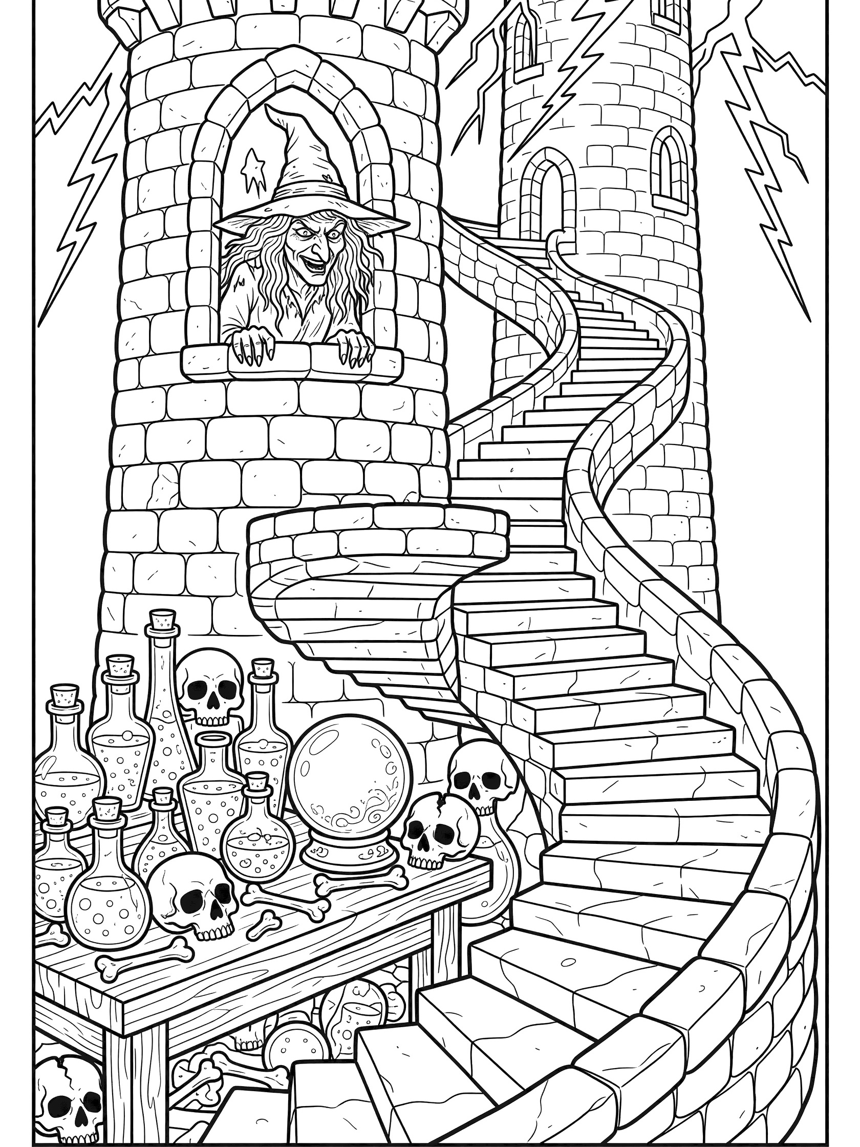 Black and white line art coloring page of a witch leaning out a stone tower window with potion bottles, skulls, crystal ball on table, spiral stairs inside, and lightning bolts outside. Evil Witches themed black and white printable line art