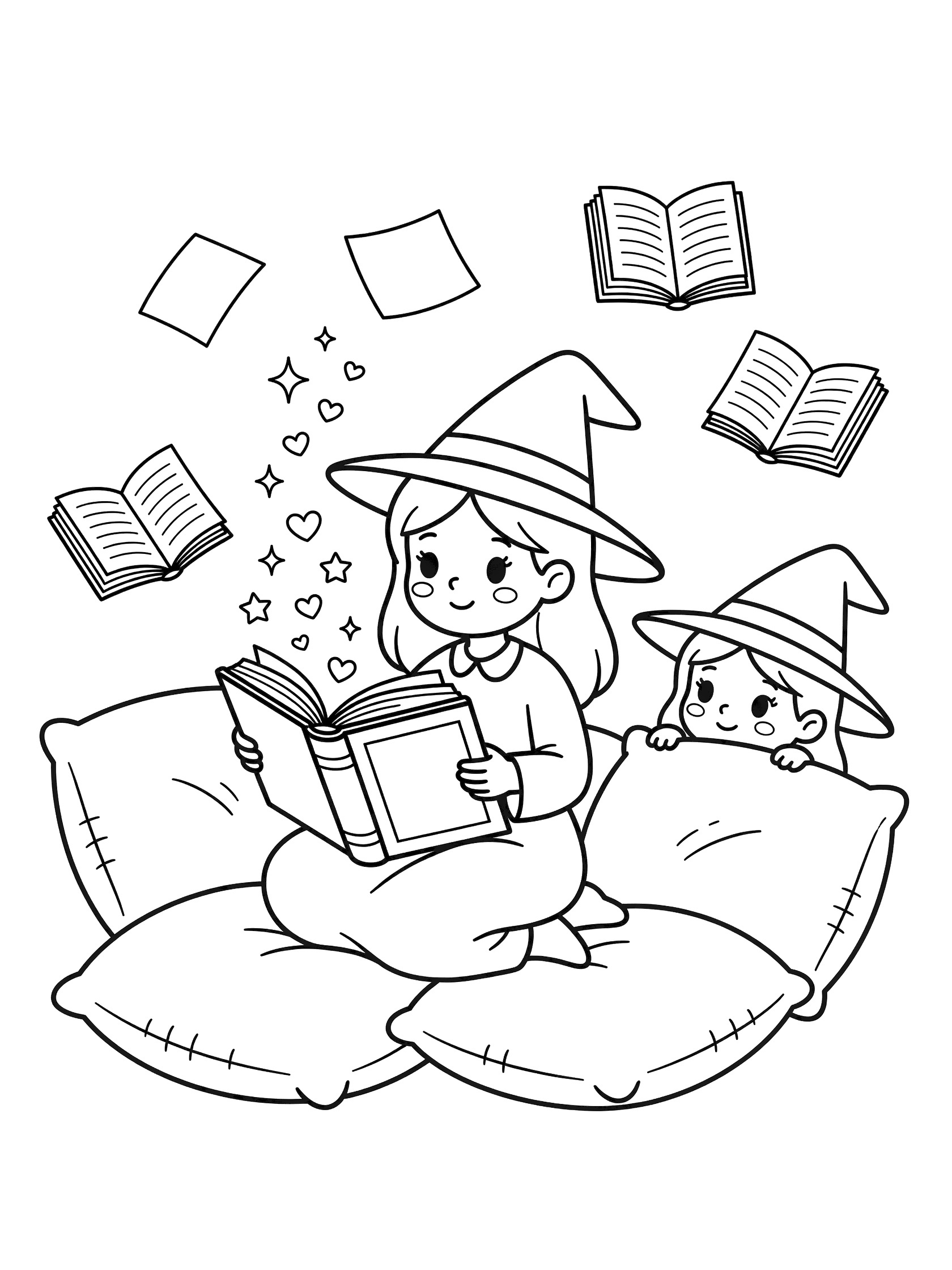 Black and white line art coloring page showing a witch mom sitting cross-legged reading an open spell book with sparkles and hearts, little witch peeking with wide eyes, surrounded by floating book pages and cushions. Friendly Witches themed black and white printable line art