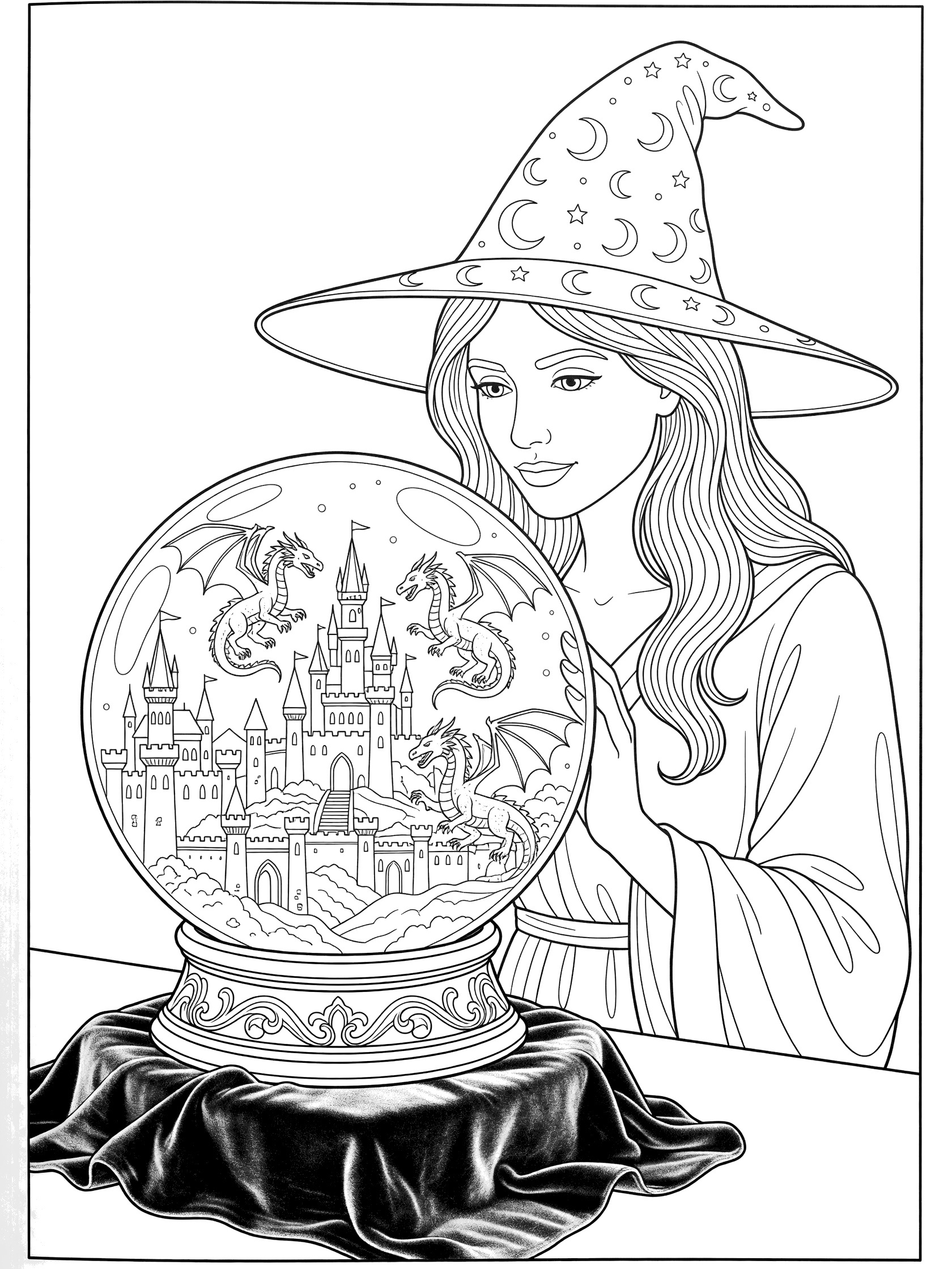 Black and white line art coloring page showing a witch in a starry hat gazing at a crystal ball with a tall castle and flying dragons inside, on a cloth-covered stand. Beautiful Witches themed black and white printable line art