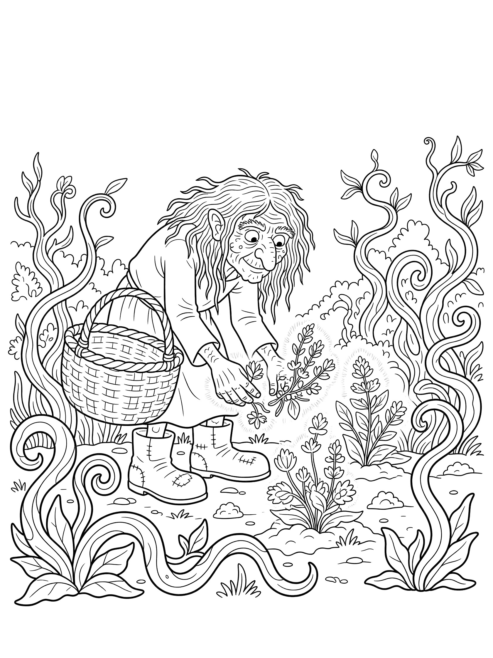 Black and white line art coloring page showing an ugly witch with long stringy hair bending to pick glowing herbs from a garden patch. She carries a basket, wears patched boots, surrounded by twisty plants. Ugly Witches themed black and white printable line art