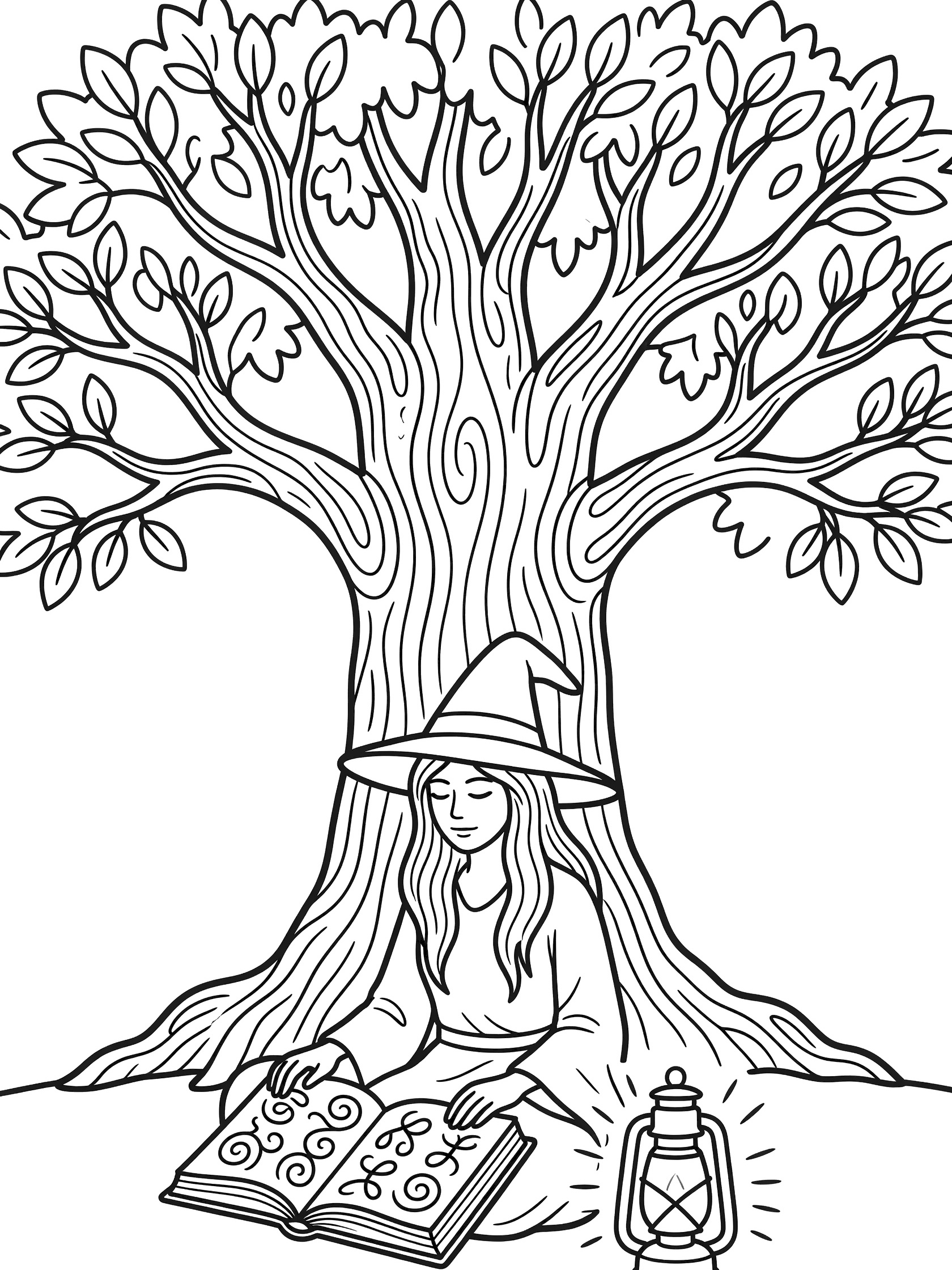 Black and white line art coloring page showing a witch with hat sitting cross-legged under a large tree, reading an open book with swirly designs, and a lantern beside her. Beautiful Witches themed black and white printable line art