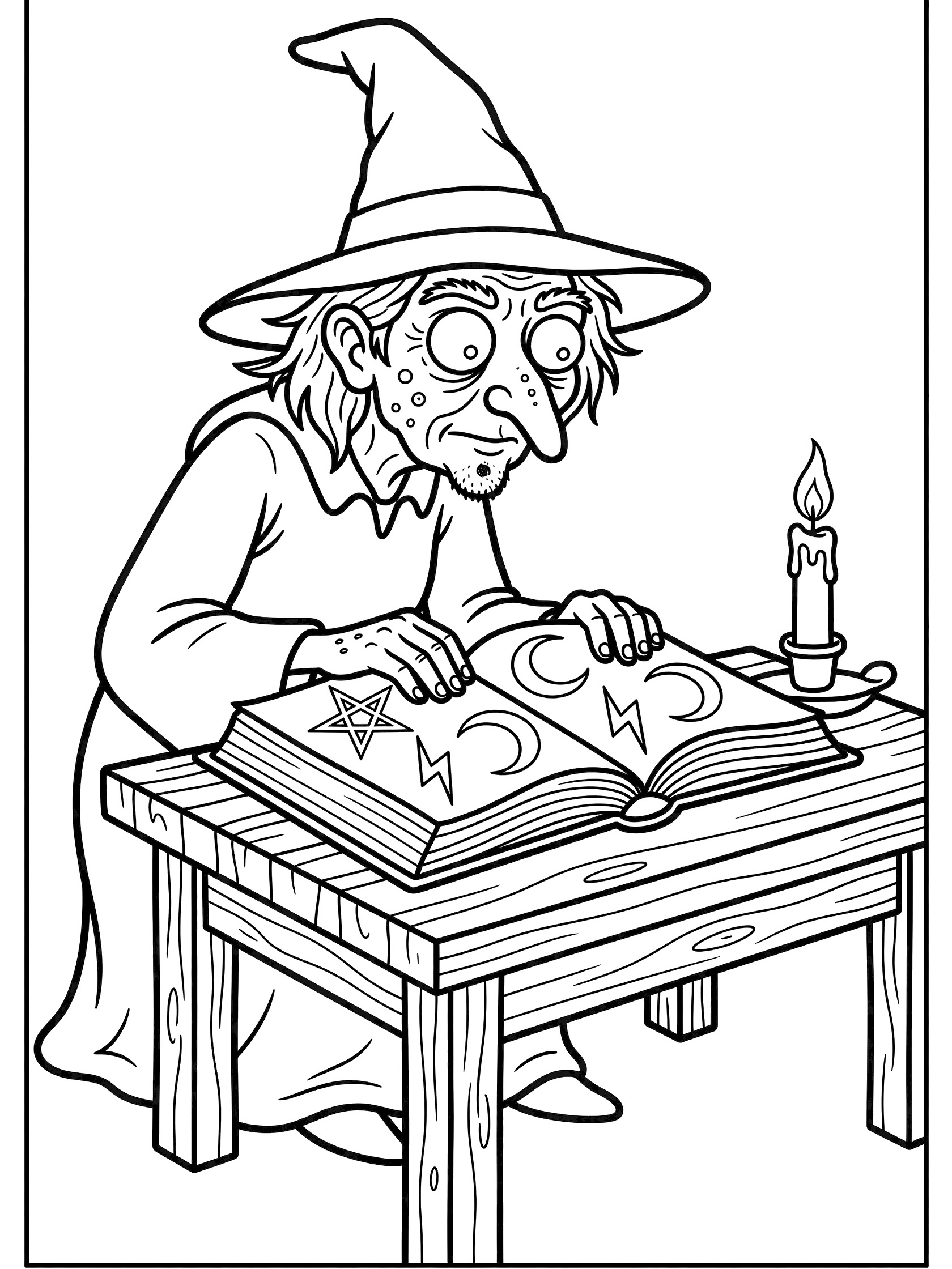 Black and white line art coloring page showing an ugly witch with pointy hat, bulging eyes, and wrinkled face reading a giant spellbook with symbols on a table with a candle. Ugly Witches themed black and white printable line art