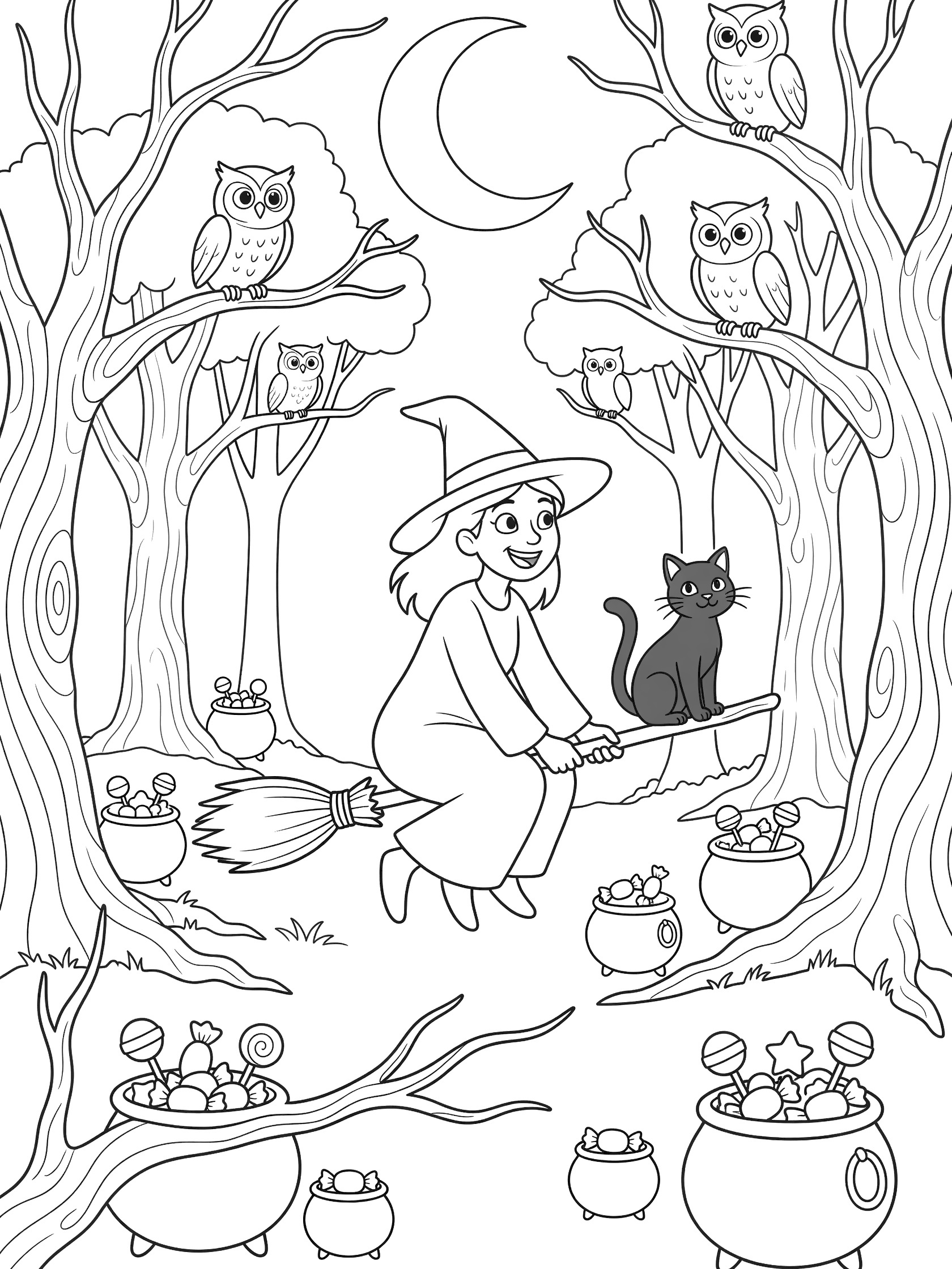 Black and white coloring page showing a smiling witch riding broomstick with black cat perched in front, flying through moonlit woods past owls, trees, and candy-filled cauldrons.
