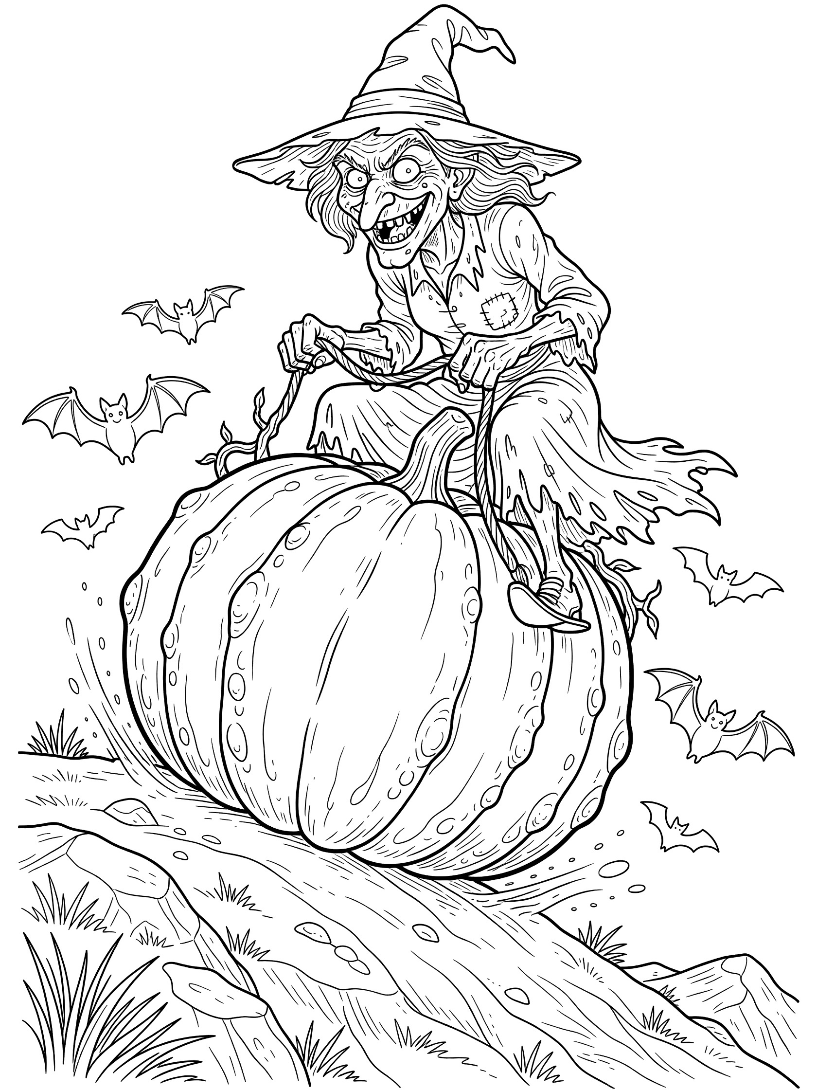 Black and white line art coloring page showing an ugly witch with lopsided grin riding a giant bumpy pumpkin rolling down a hill, holding vine reins, bats flying around. Ugly Witches themed black and white printable line art