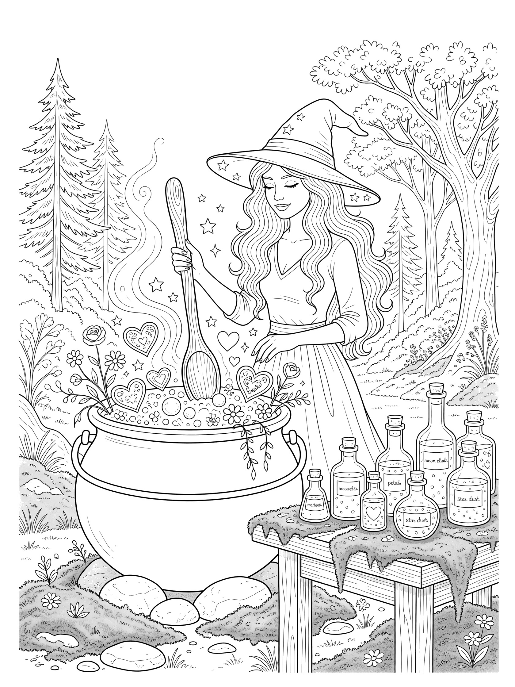 Black and white line art of a witch in a pointy hat stirring a large cauldron full of hearts, stars, flowers, and bubbles, surrounded by trees, flowers, rocks, bottles, and a wooden table in a forest clearing. Beautiful Witches themed black and white printable line art