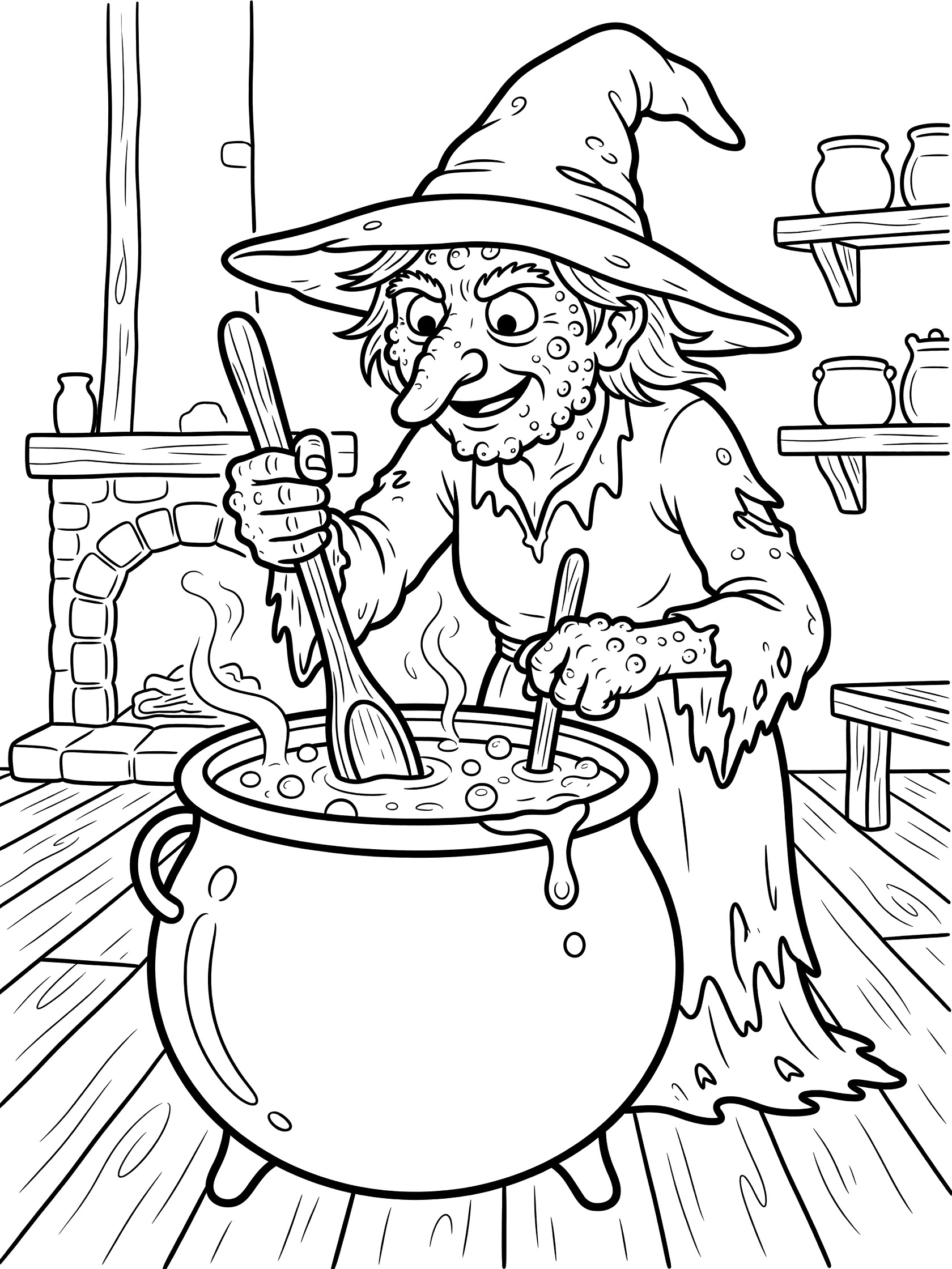 Black and white line drawing of an ugly witch with big nose and floppy hat stirring a large cauldron with wooden spoon in a cozy hut. Ugly Witches themed black and white printable line art