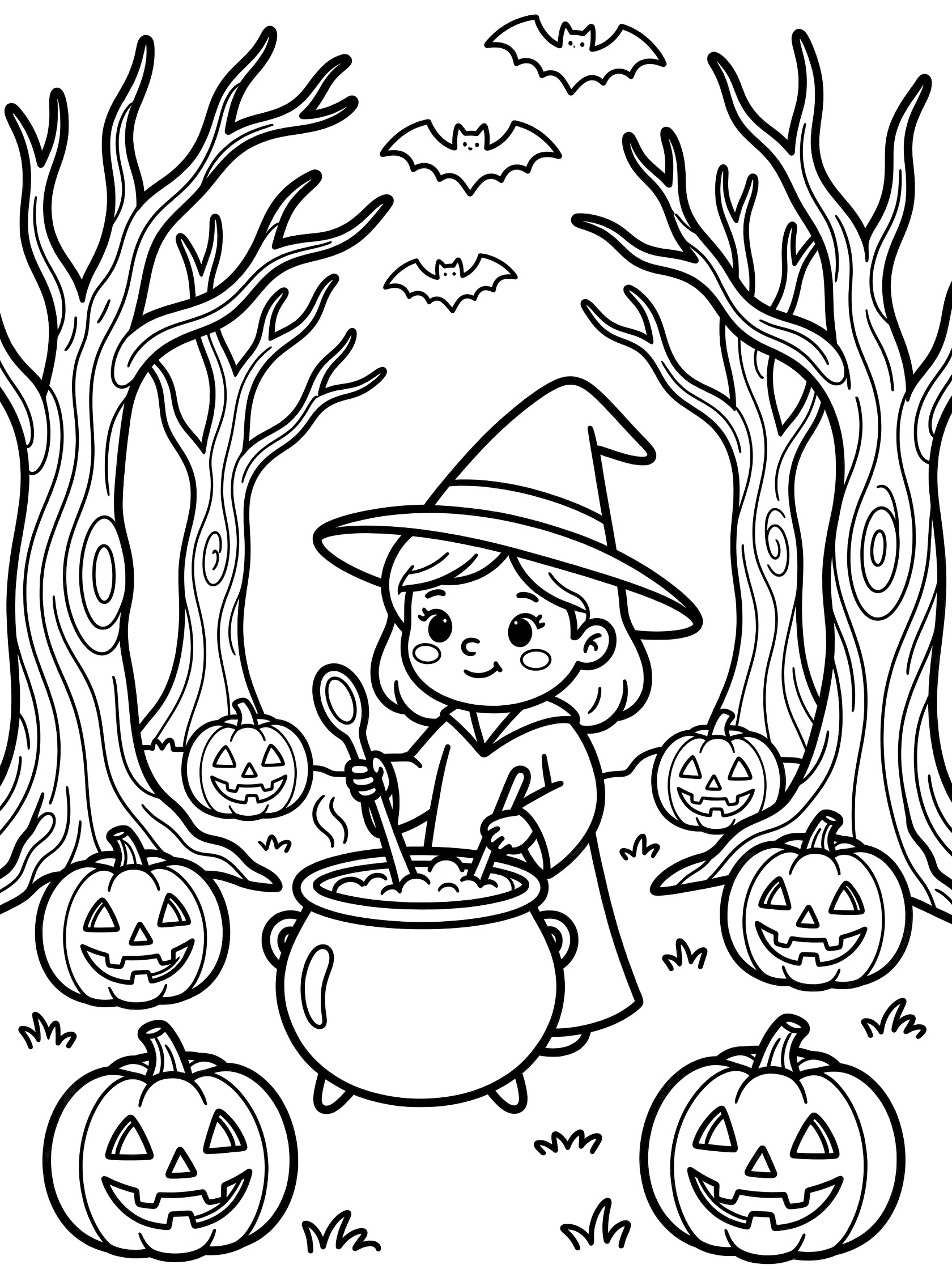 Cute cartoon witch in pointy hat stirring large cauldron with spoon, surrounded by twisted trees, glowing jack-o-lanterns and bats in forest clearing.