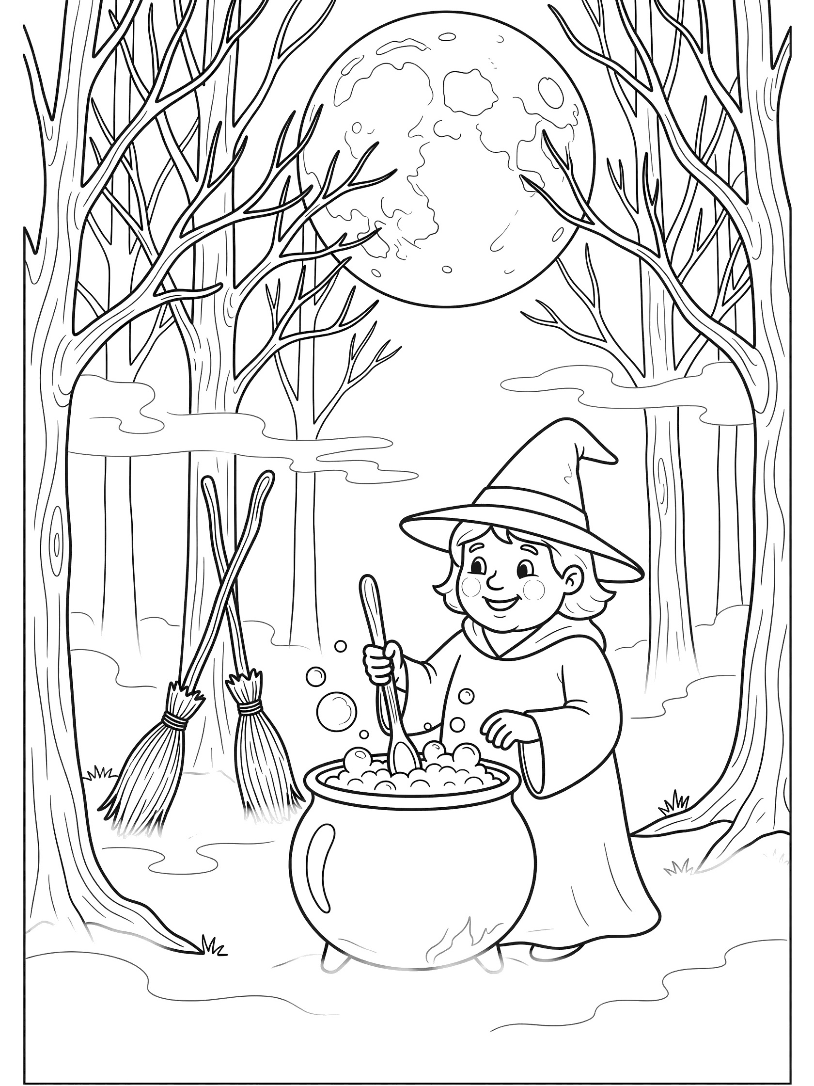 Black-and-white line art coloring page showing a witch with hat and broom stirring a cauldron beneath a large full moon, surrounded by bare trees.
