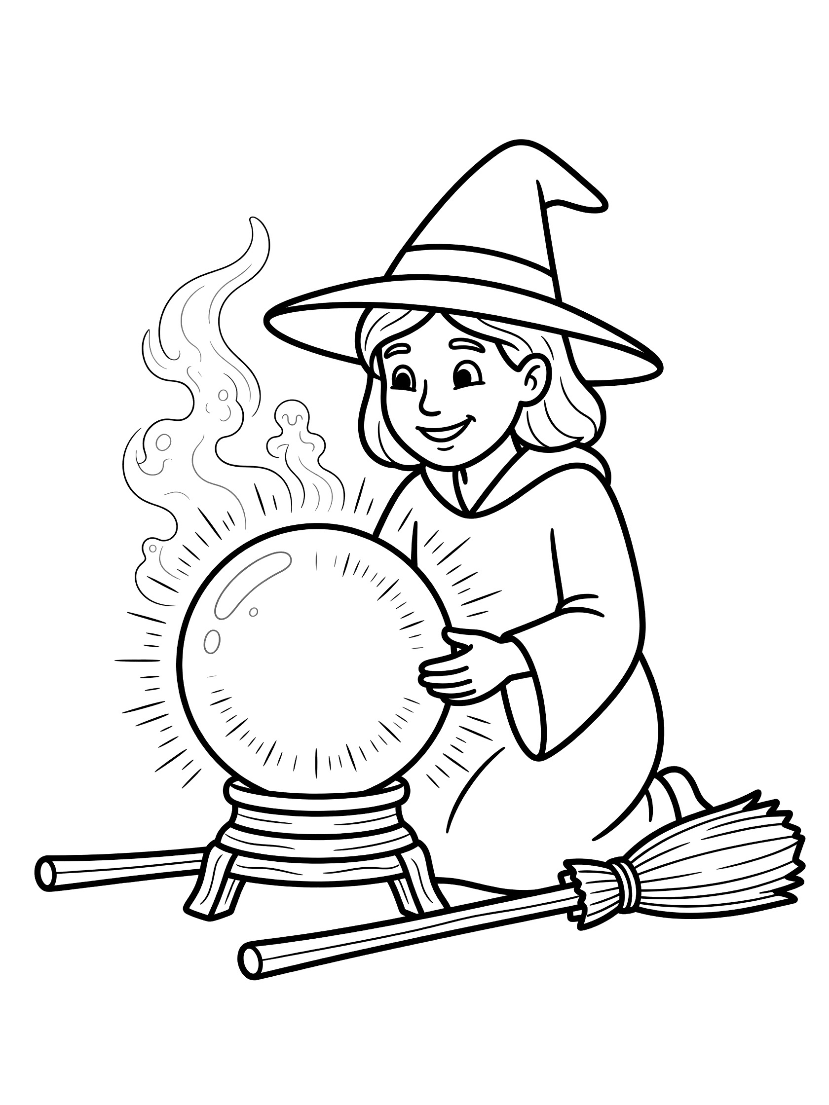 Black and white line art coloring page showing a witch in a pointed hat gazing at a glowing crystal ball on a stand, with rising mist and a broomstick beside her.
