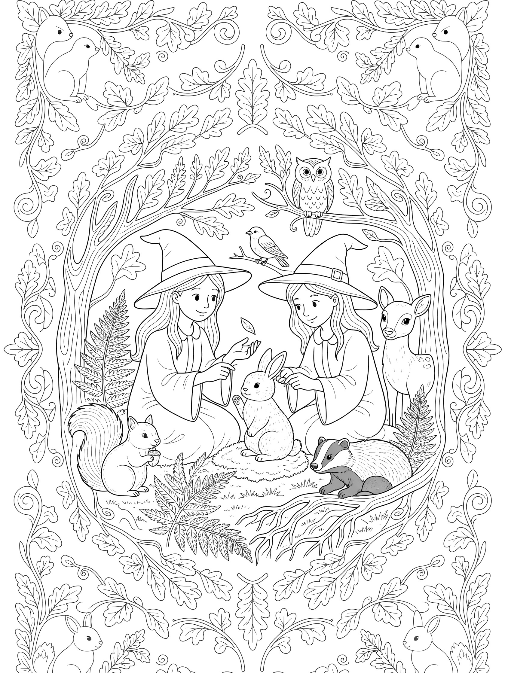 Black and white line art coloring page showing two smiling witches in pointy hats sitting with a small bunny, feeding a bird, surrounded by squirrel, deer, owl, badger, ferns, leaves, and vines in a round decorative frame.