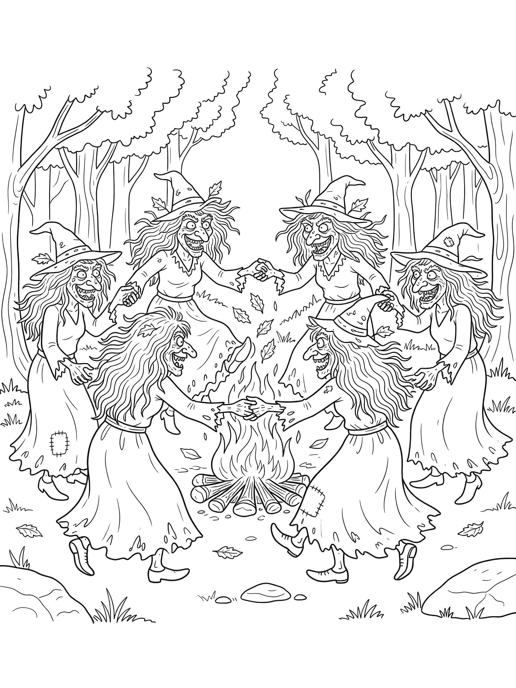 Black and white line art coloring page showing six witches with pointy hats and wild hair dancing hand-in-hand around a tall campfire surrounded by trees and fallen leaves. Ugly Witches themed black and white printable line art