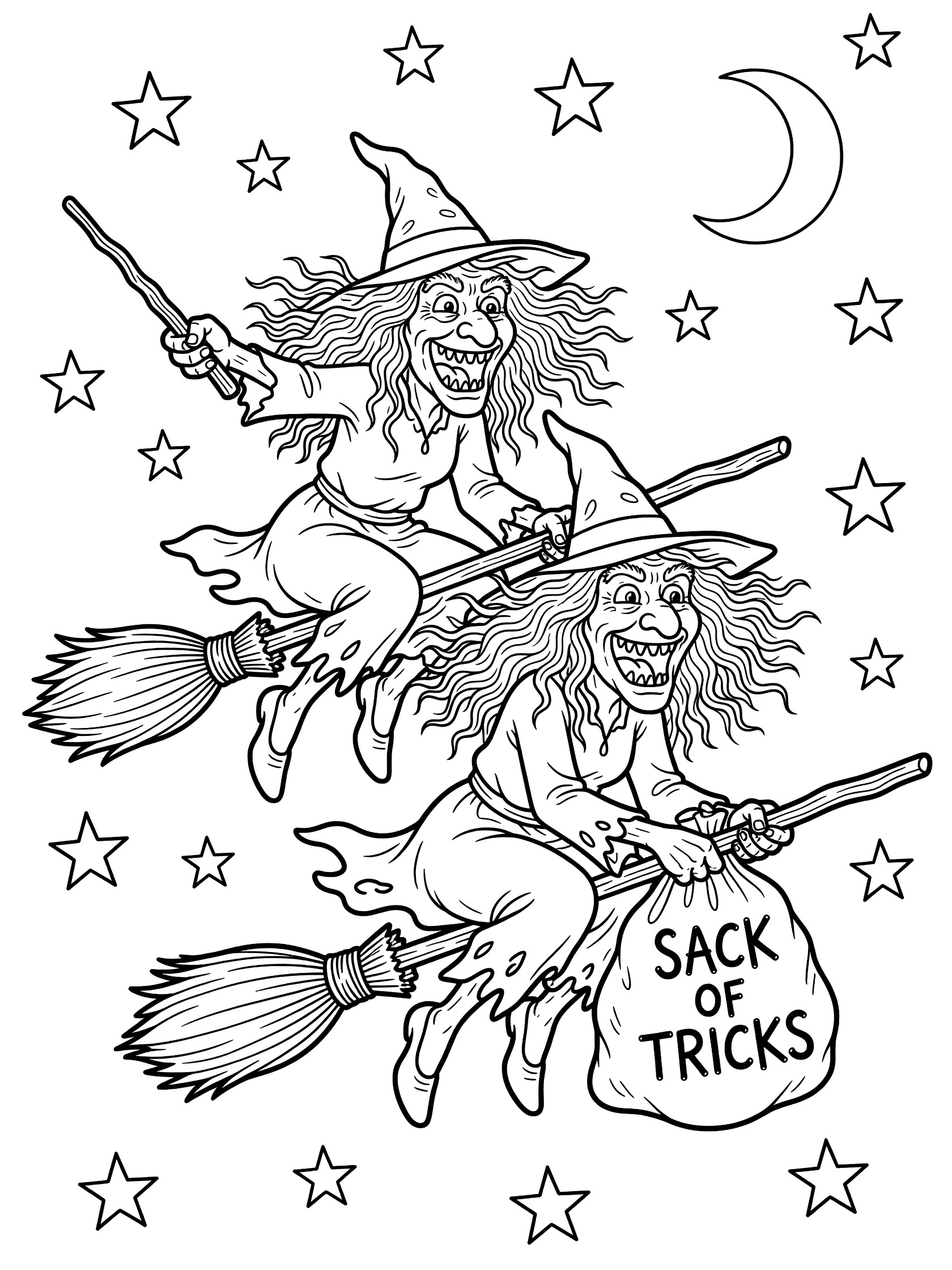Black and white line art coloring page showing two cartoon witches with hats, messy hair, and crooked teeth flying on broomsticks through a starry sky with crescent moon. One holds a wand, the other carries a sack labeled 'tricks'. Ugly Witches themed black and white printable line art