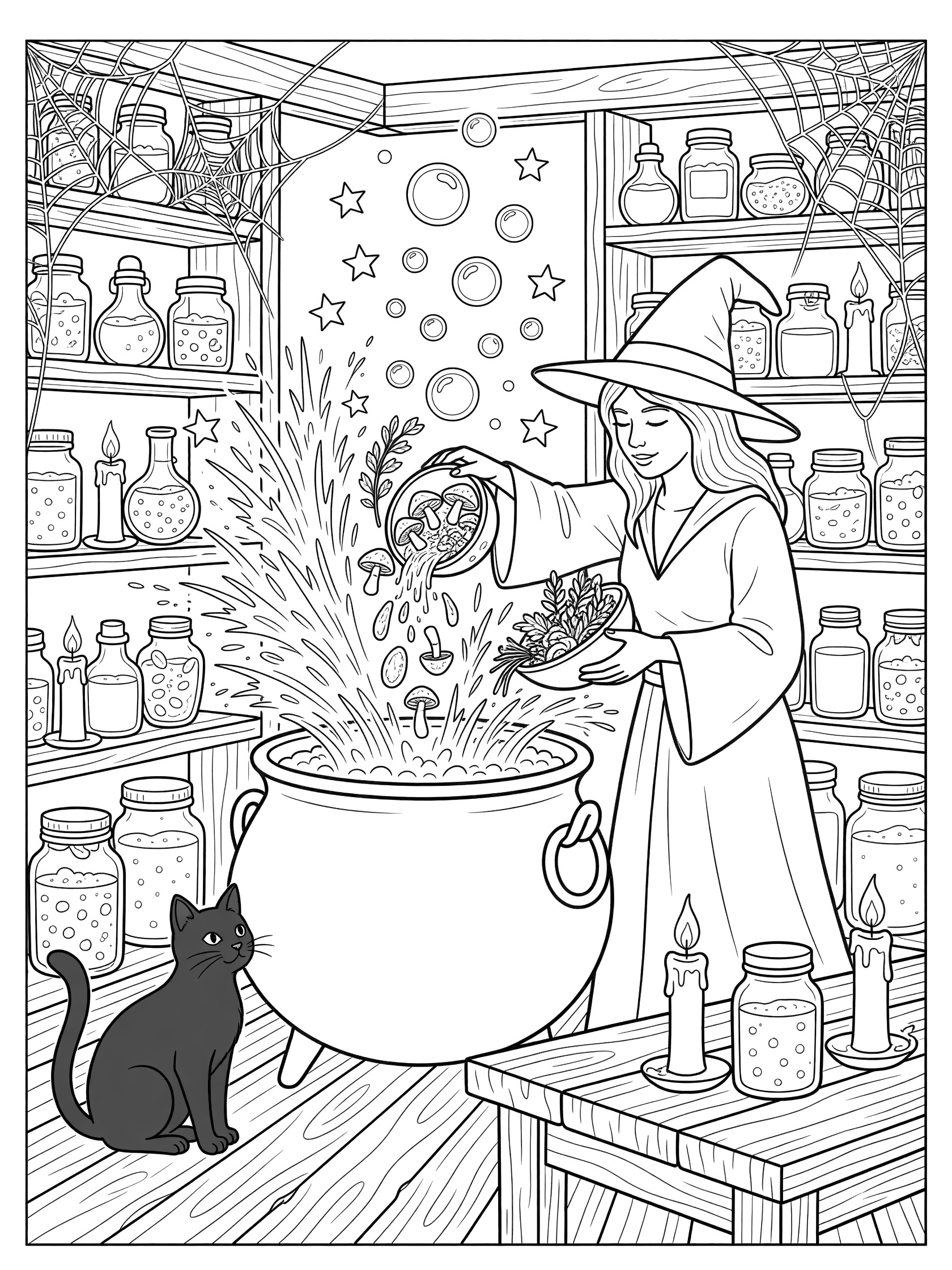 Black-and-white line art of a witch adding ingredients to a cauldron erupting with swirling magic sparks, stars, and potion bubbles in a witch's hut with shelves of jars, black cat, cobwebs, and flickering candles.