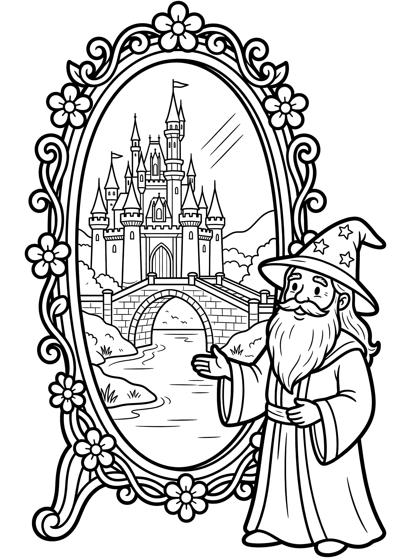 Black and white line art coloring page featuring a wizard with hat and beard standing beside an ornate oval mirror that reflects a tall castle on a hill, stone bridge over a river, surrounded by curly vine and flower frame.