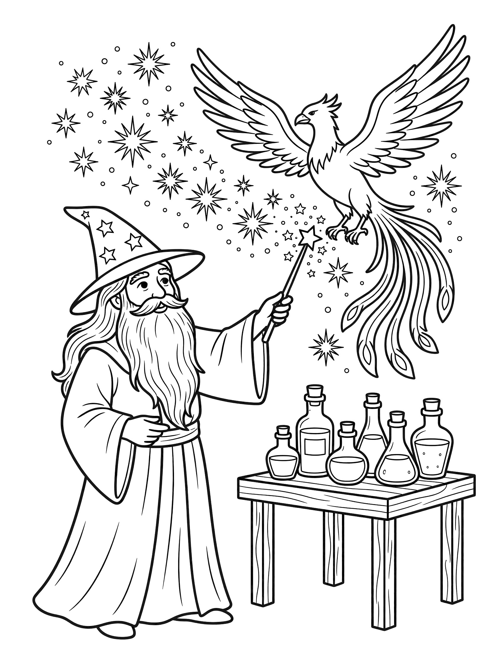 Black and white line art of a wizard in pointed hat and robe holding starry wand, summoning phoenix with wings and tail feathers amid stars and sparks, potion bottles on wooden table.